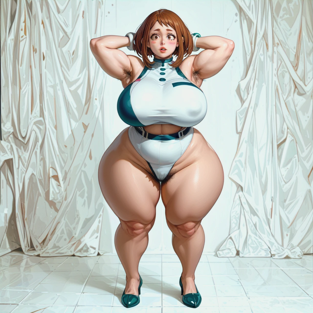 Full length, @uraraka_ochako, white room, solo, gigantic boobs are bigger than the body, gigantic  ass are bigger than the body, very lot of armpit hair, gigantic lips, gigantic lipstick, very lot of pubic hair