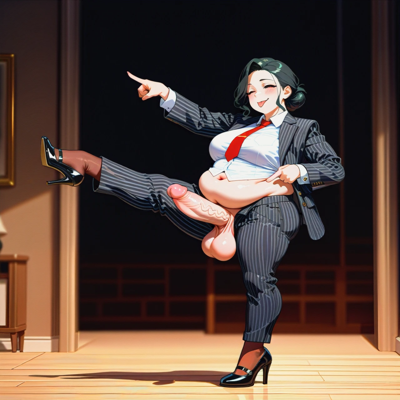 (fat), (full-package_futanari), (mature_female), wide smile, (tongue_out), black slicked hair in a bun, bangs, black striped suit, white shirt, red tie, black striped trousers, browh stockings, black patent high heel Mary Janes, poking penis, dancing, minimalism living room