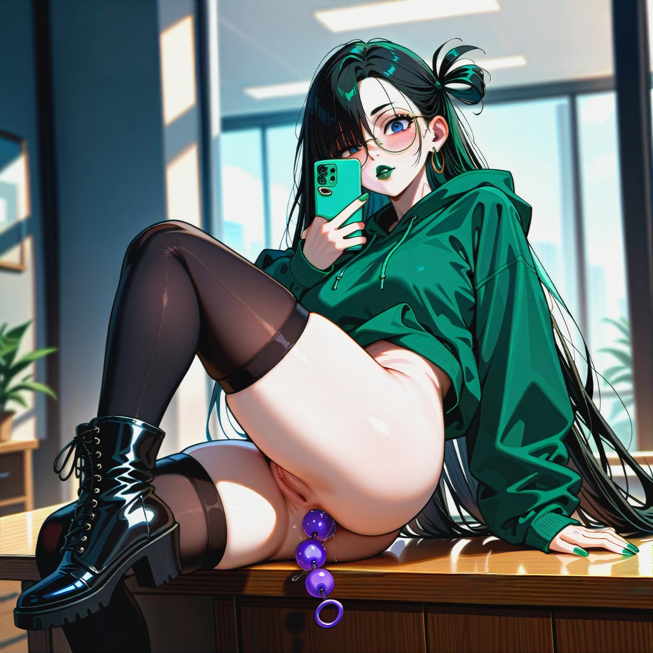 knee-high socks, dark black hair girl,dark black hair girl,dark black hair girl,extremly long hair, long hair, very long hair, hair long to the butt, steel frame glasses with large round lenses, , very dark green oversized hoodie, pale skin, (solo), (lean body:1.3), wasp waist, (hair covering left eye), erected cock, sit on table, black flat boots, office, blue eyes, blushing, horny, very dark green lipstick, full lips, long green nails,  takes a selfie, uses phone, ear rings, (spread_legs), pussy, detailed pussy, anal beads, hand middle finger up,