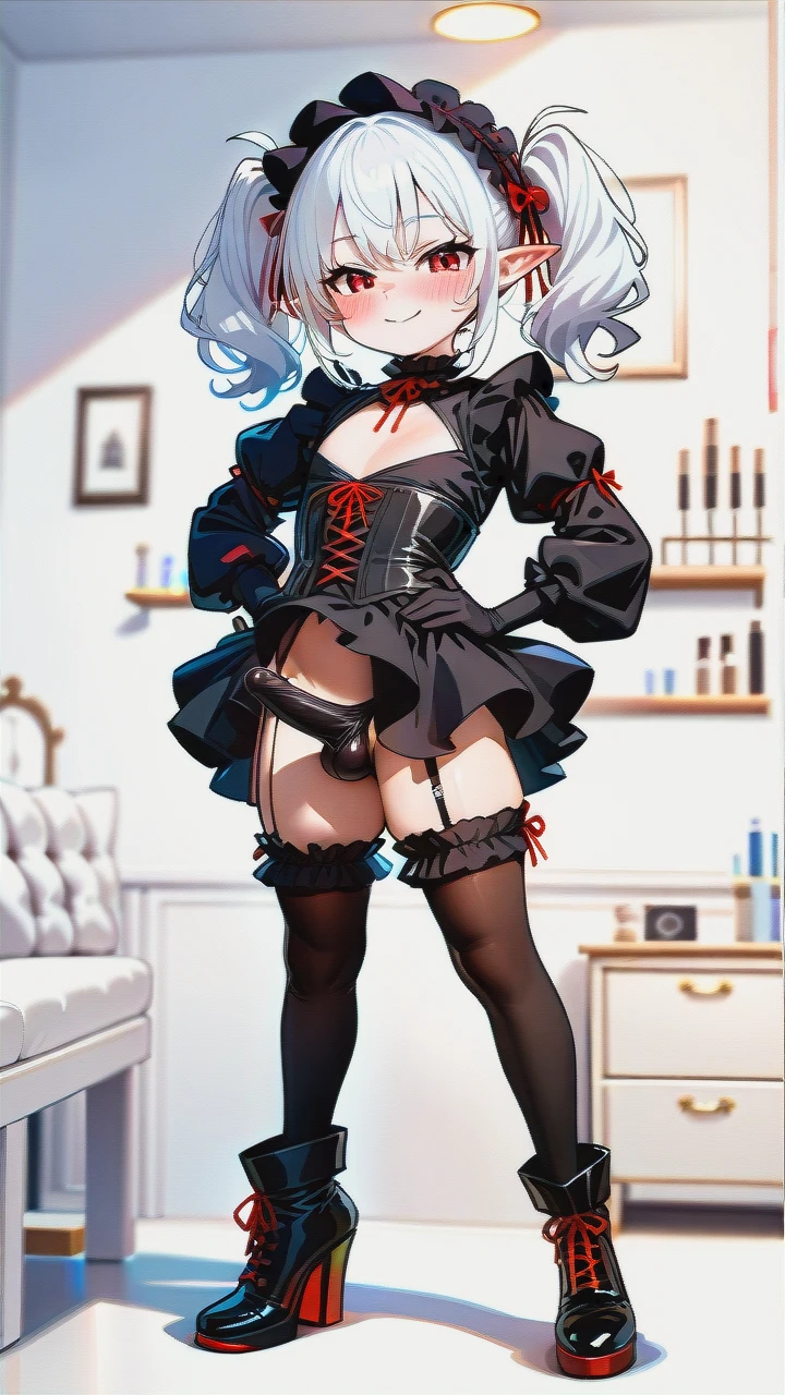 High_quality, (otoko_no_ko), (flat_chest), (frilled_thighhighs), garter_straps, pointy_ears, red_eyes, white_hair, (red_and_black_dress), elbow_gloves, frilled_headband, puffed_sleeves, frilled_choker, (cleavage_cutout),  (long_twin_ponytails), (ankle_boots_with_heels), slim_legs, corset, (legs_apart), (smile), (blush), (hands_on_hips), (erection_under_skirt), penis_bulge,