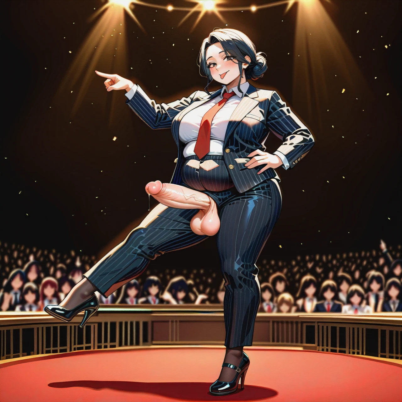 (fat), (full-package_futanari), (mature_female), smile, (tongue_out), black slicked hair in a bun, bangs, black striped suit, white shirt, red tie, black striped trousers, browh stockings, black patent high heel Mary Janes, poking penis, dancing, empty school stage