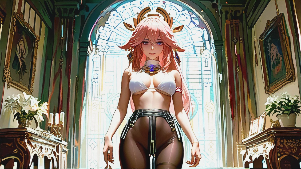 Yae Miko from Genshin Impact, she stands in a room in a white bikini, black transparent tights with a suspender belt, she holds a new bra and tries it on herself