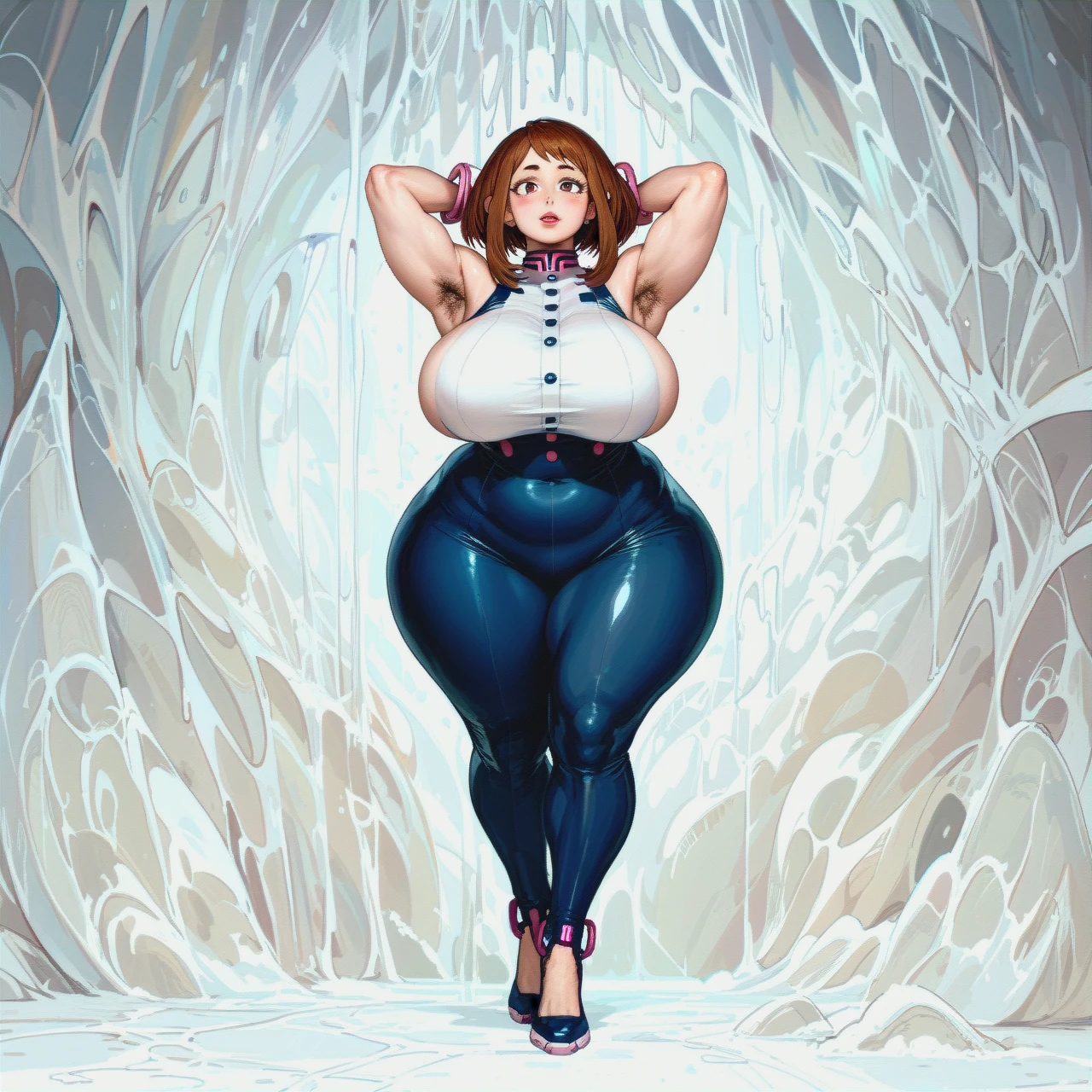 @uraraka_ochako, Full length, white room, solo, gigantic boobs are bigger than the body, gigantic  ass are bigger than the body, very lot of armpit hair, gigantic lips, gigantic lipstick, very lot of pubic hair