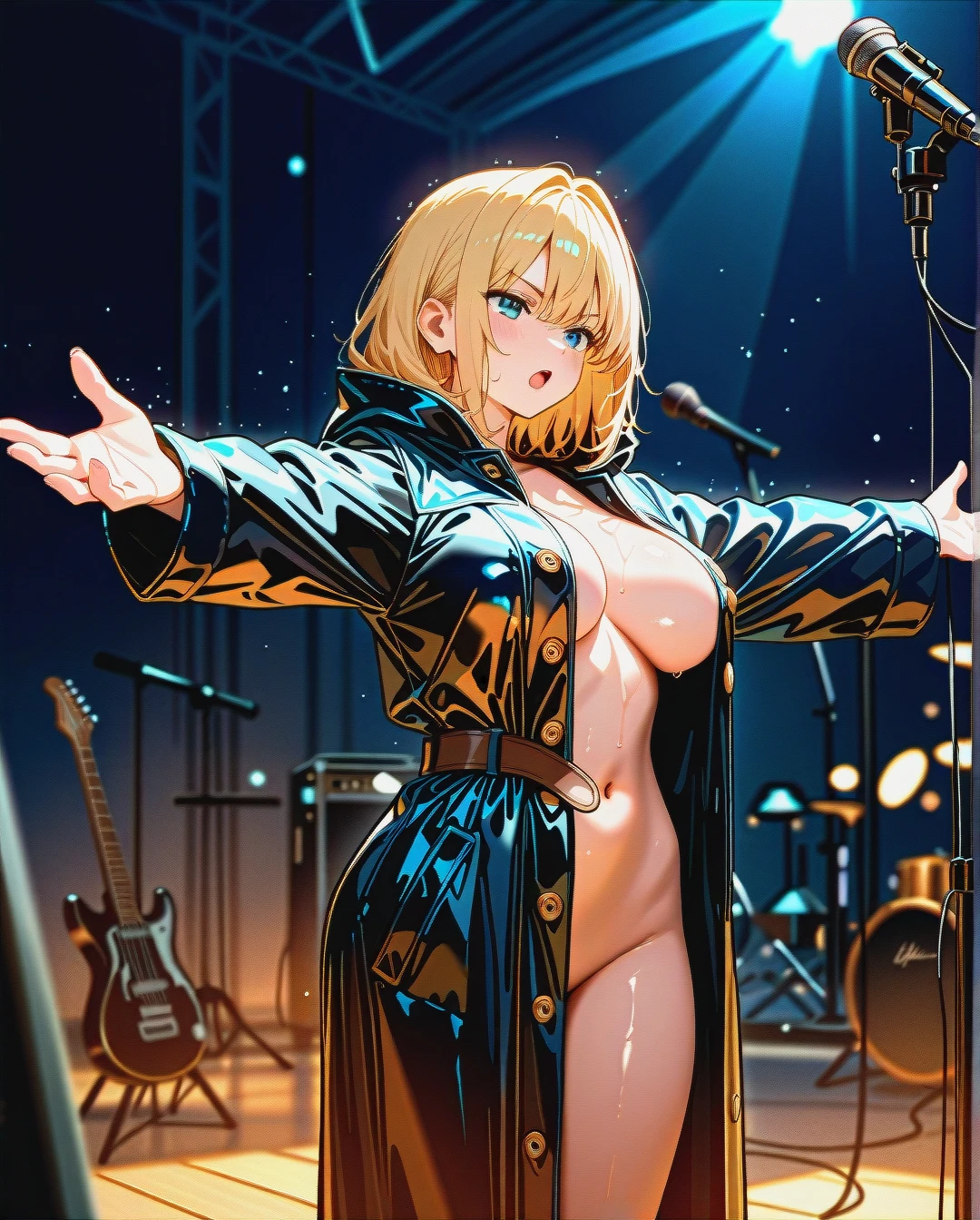 1 girl, very large breasts, shiny skin, belts on body, black long coat to the floor on naked body, raincoat unbuttoned, singing, metal coat, guitar on stand, serious face, blonde, arms spread, (outstretched_arms), (solo_focus), full height