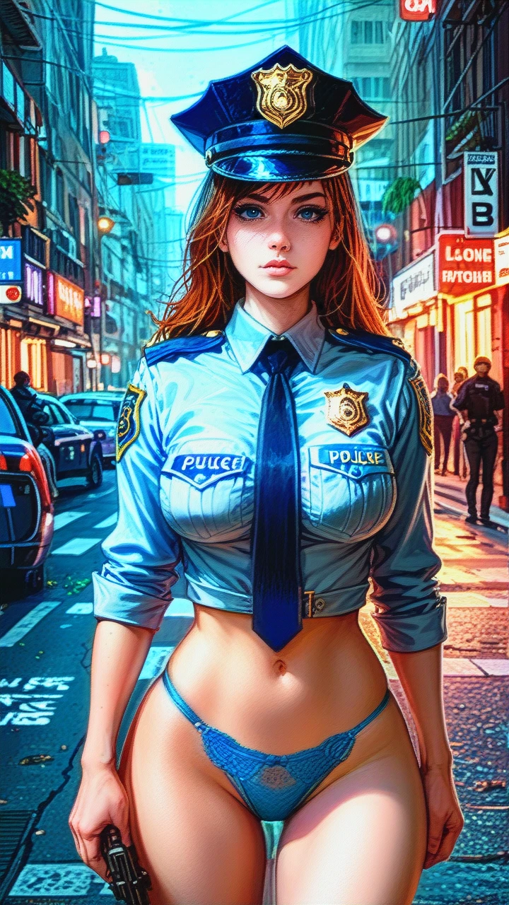 ultra_realistic, 8k, cinematic_still, full_shot, female_police_officer_standing_on_a_city_street,_nighttime, lone, wearing_a_police_uniform, (blue_panties_visible:1.3), large_breasts, wide_hips, police_hat_on_head, confident_expression, street_lights_in_background, detailed_face, sharp_focus, dramatic_lighting, film_grain