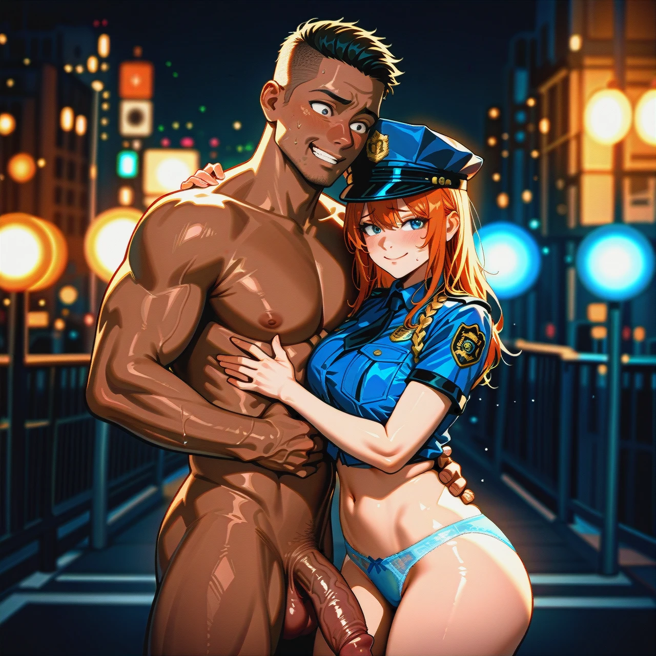 ultra_realistic, 8k, cinematic_still, full_shot,1boy1girl,dark-skinned_boy,nude,big_penis,(chin_grab),(arm_hug), female_police_officer_standing_on_a_city_street,_nighttime, lone, wearing_a_police_uniform, (blue_panties_visible:1.3), large_breasts, wide_hips, police_hat_on_head, (nervous_smile:1.2), hands_on_hips, street_lights_in_background, detailed_face, sharp_focus, dramatic_lighting, film_grain