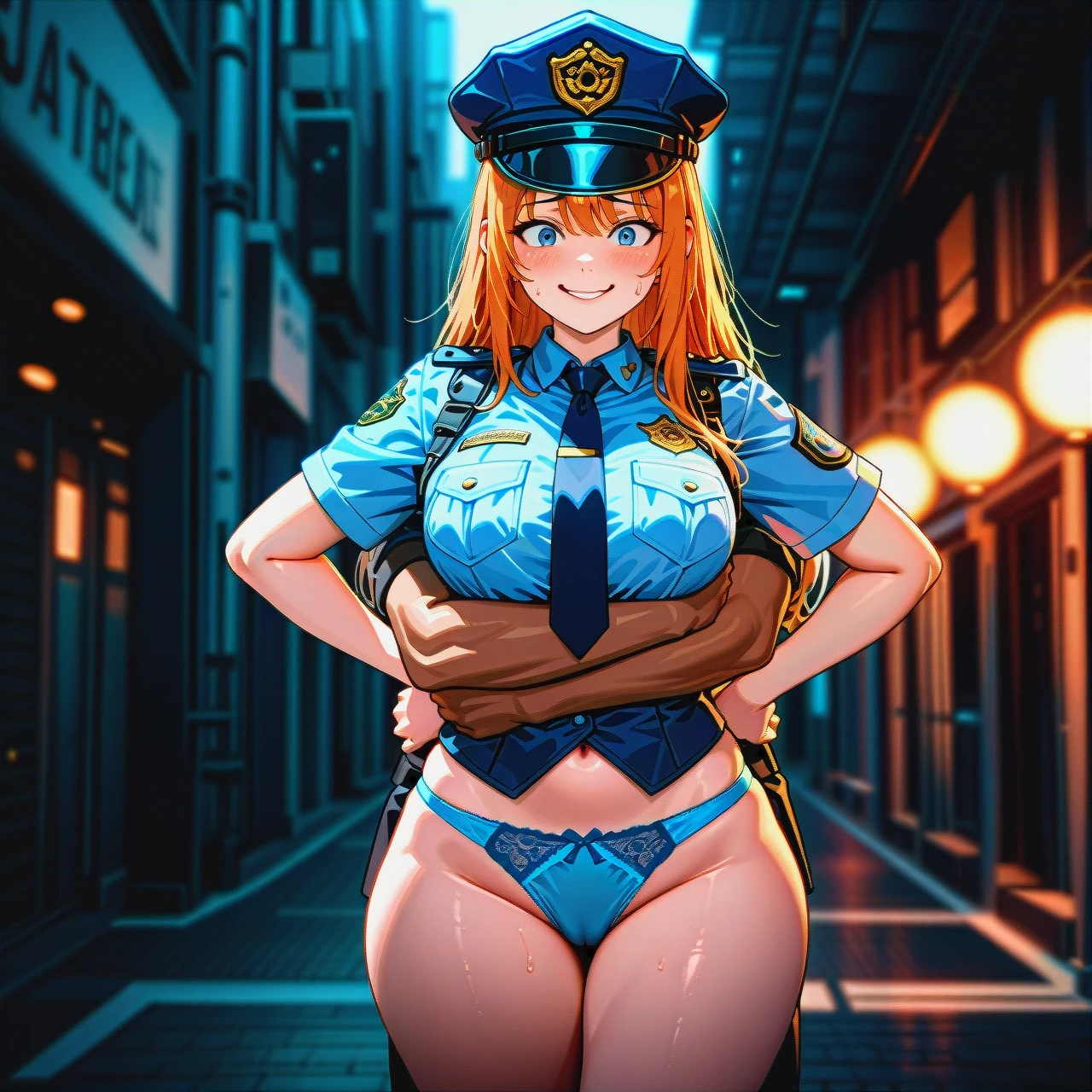 ultra_realistic, 8k, cinematic_still, full_shot,1boy1girl,dark-skinned_boy,big_black_cock,(smile),(arm_hug), female_police_officer_standing_on_a_city_street,_nighttime, lone, wearing_a_police_uniform, (blue_panties_visible:1.3), large_breasts, wide_hips, police_hat_on_head, (nervous_smile:1.2), hands_on_hips, street_lights_in_background, detailed_face, sharp_focus, dramatic_lighting, film_grain