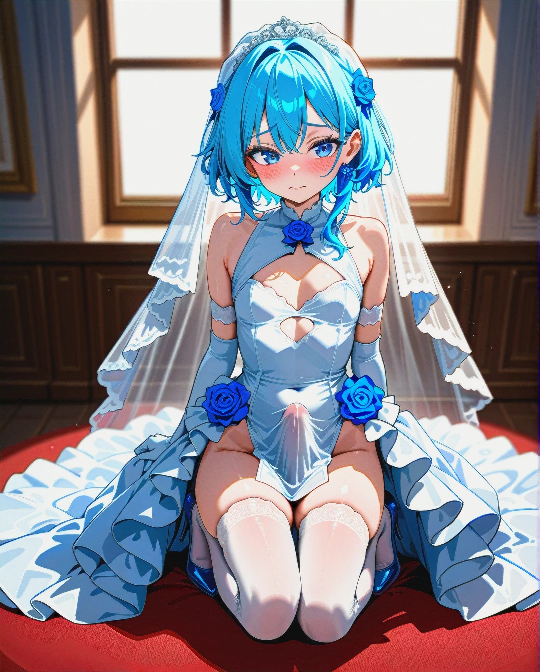 High_quality, (otoko_no_ko), (open_dress), wedding_dress, elbow_gloves, thighhighs, blue_eyes, blue_hair, (large_breasts), (cleavage_cutout) slim_legs, front_viev, (blush), (erection_under_clothes), penis_bulge, highheels,