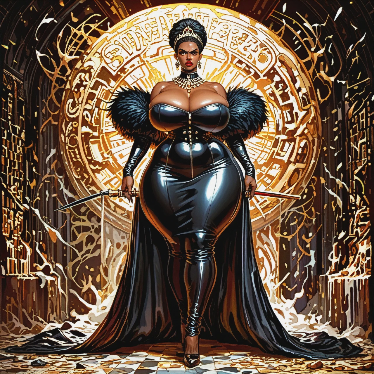 Full length, african, very dark skin, mistress, very very angry, write background, solo, gigantic boobs are bigger than the body, gigantic  ass are bigger than the body, very lot of armpit hair, gigantic lips, gigantic lipstick, very lot of pubic hair