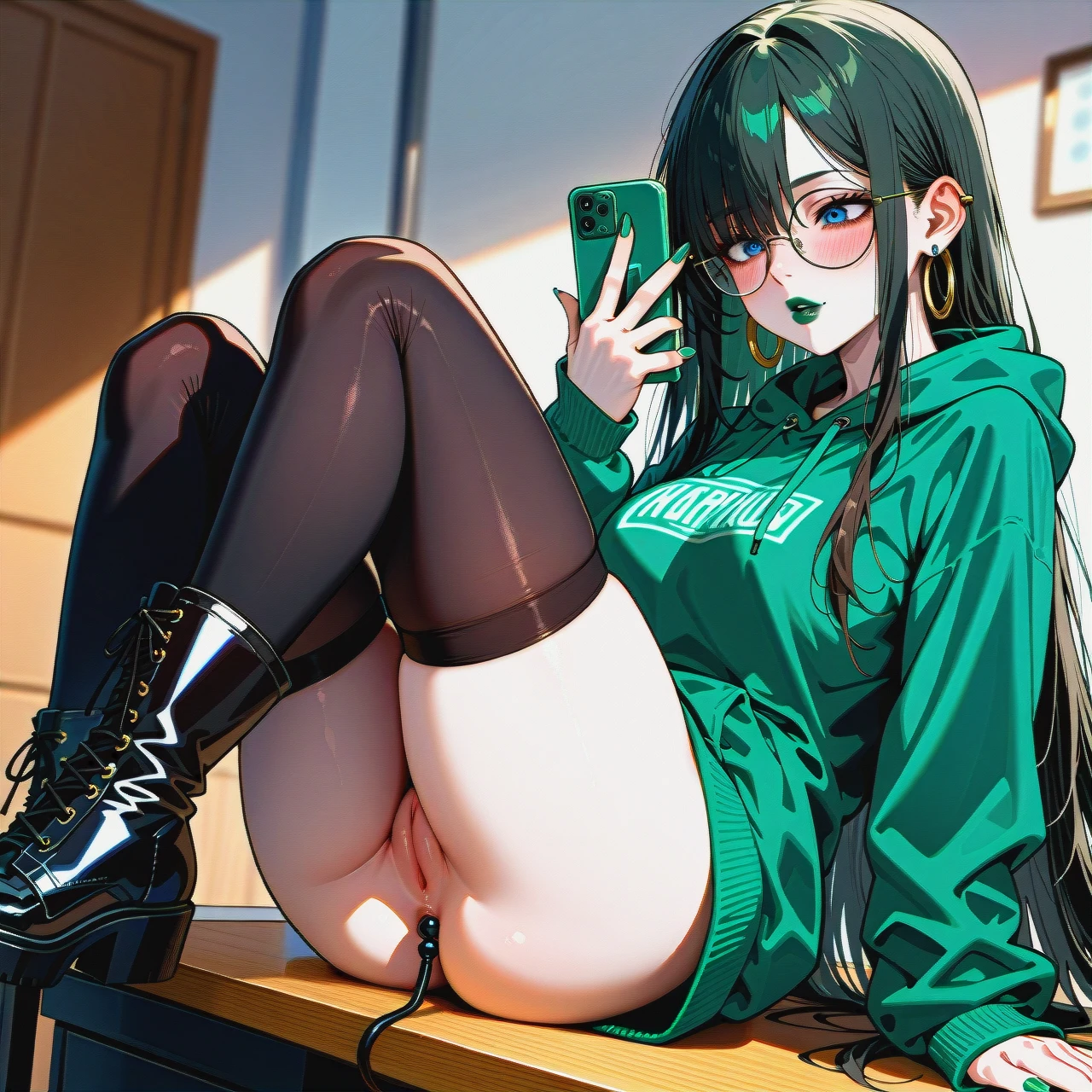 knee-high socks, dark black hair girl,dark black hair girl,dark black hair girl,extremly long hair, long hair, very long hair, hair long to the butt, steel frame glasses with large round lenses, , very dark green oversized hoodie, pale skin, (solo), (lean body:1.3), wasp waist, (hair covering left eye), erected cock, sit on table, black flat boots, office, blue eyes, blushing, horny, very dark green lipstick, full lips, long green nails,  takes a selfie, uses phone, ear rings, (spread_legs), pussy, detailed pussy, anal probe, hand middle finger up,