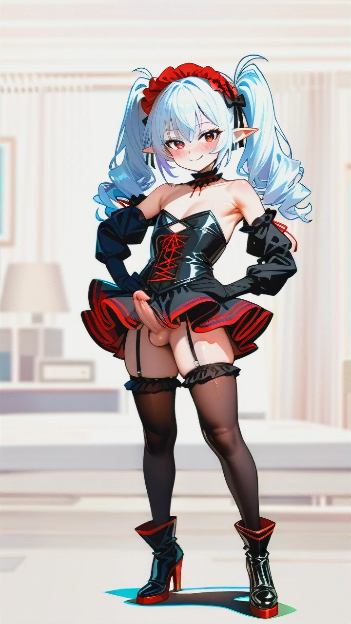 High_quality, (otoko_no_ko), (flat_chest), (frilled_thighhighs), garter_straps, pointy_ears, red_eyes, white_hair, elbow_gloves, frilled_headband, puffed_sleeves, frilled_choker, (cleavage_cutout),  (long_twin_ponytails), (ankle_boots_with_heels), (red_and_black_dress), naked_shoulders, slim_legs, corset, front_viev, (legs_apart), (smile), (blush), (hands_on_hips), (erection_under_skirt), penis_bulge,