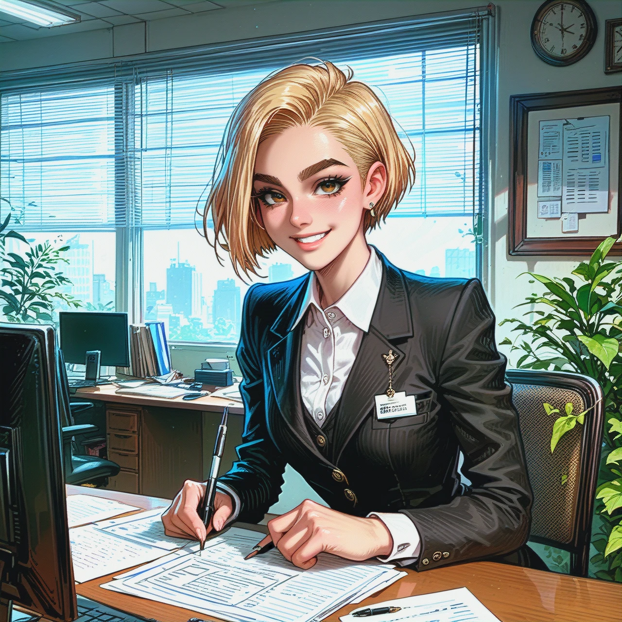 office, slim blonde, pixie cut hair, smile, thick eyebrows, (flat_chest) secretary outfit