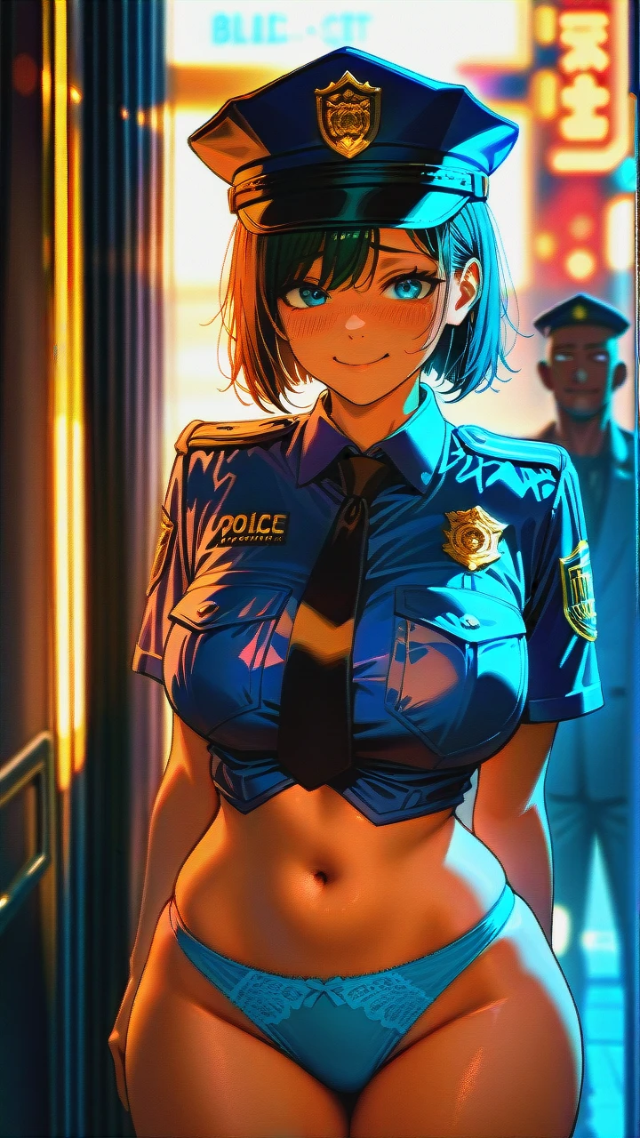 ultra_realistic, 8k, cinematic_still, full_shot,1girl2boy,dark-skinned_boy,naked_boy,hugging, female_police_officer_standing_on_a_city_street,_nighttime, lone, wearing_a_police_uniform, (blue_panties_visible:1.3), large_breasts, wide_hips, police_hat_on_head, (nervous_smile:1.2), hands_on_hips, street_lights_in_background, detailed_face, sharp_focus, dramatic_lighting, film_grain