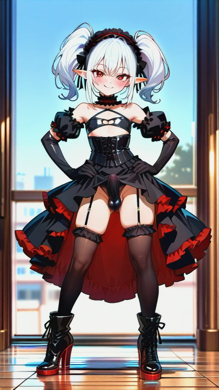 High_quality, (otoko_no_ko), (flat_chest), (frilled_thighhighs), garter_straps, pointy_ears, red_eyes, white_hair, (red_and_black_dress), elbow_gloves, frilled_headband, puffed_sleeves, frilled_choker, (cleavage_cutout),  (long_twin_ponytails), (ankle_boots_with_heels), slim_legs, corset, (legs_apart), (smile), (blush), (hands_on_hips), (erection_under_skirt), penis_bulge,