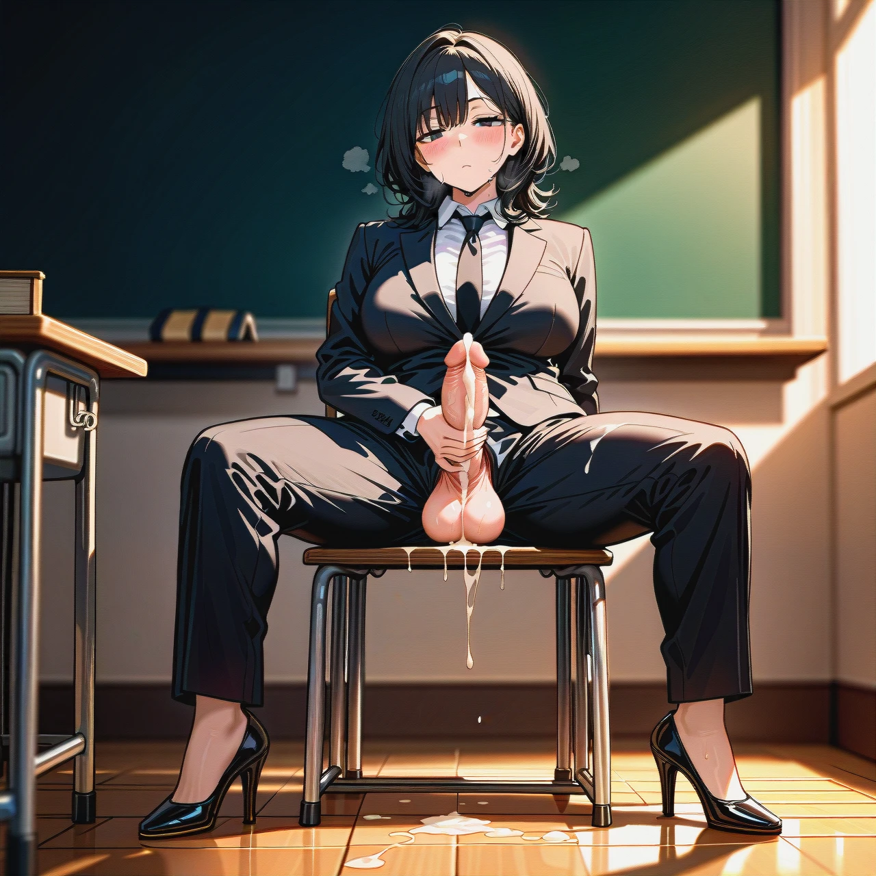 (futanari) (fat) (mature_female), black suit with tie, long wide trousers, black patent high heels, (futanari_masturbation), blush, sweat, (bored), classroom, sitting on a chair, empty blackboard, spread legs, (cum), black medium hair