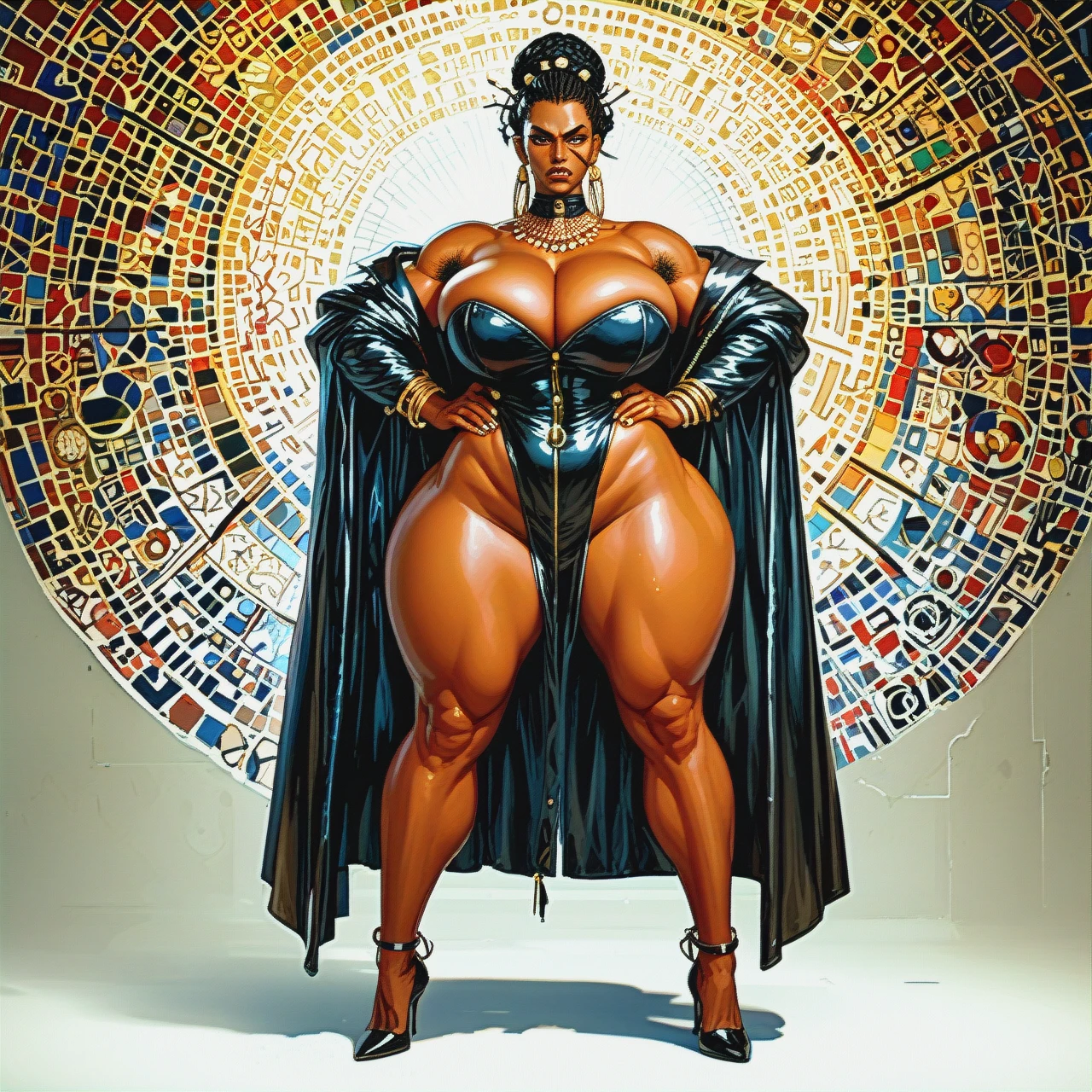 Full length, african, very dark skin, mistress, very very angry, write background, solo, gigantic boobs are bigger than the body, gigantic  ass are bigger than the body, very lot of armpit hair, gigantic lips, gigantic lipstick, very lot of pubic hair