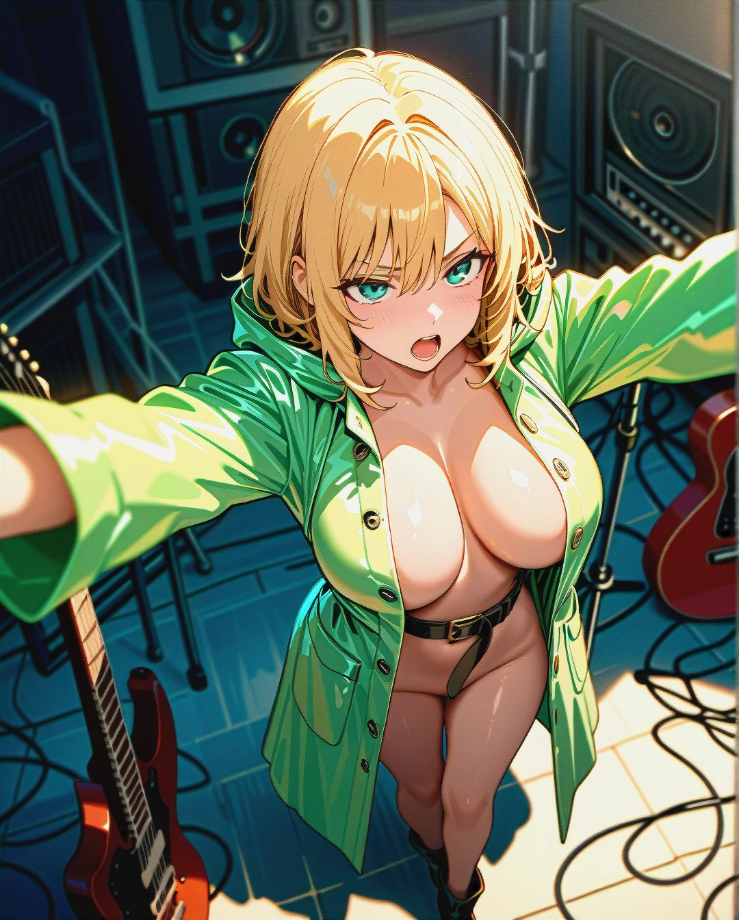 1 girl, very large breasts, shiny skin, belts on body, long coat to the floor on naked body, raincoat unbuttoned, singing, metal coat, guitar on stand, serious face, blonde, arms spread, (outstretched_arms), (from_above), full height