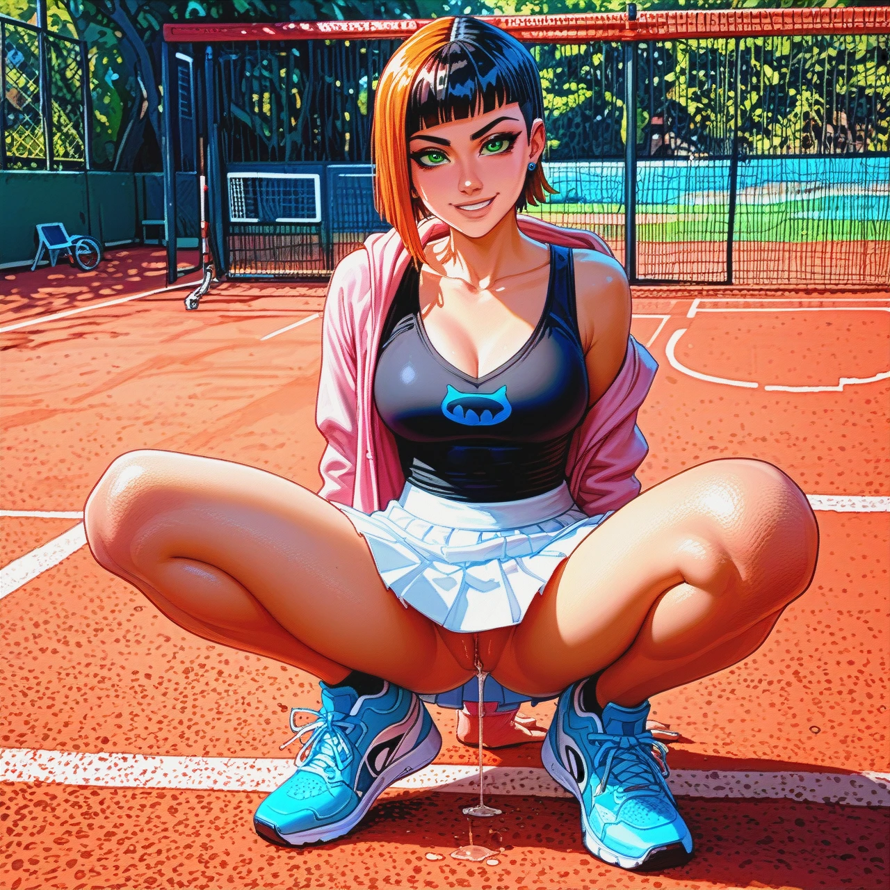 @gwen_tennyson  from ben 10 alien force, asian woman, smiling, bobcut, blunt bangs, black hair, skin tight pink hoodie, black tank top cleavage, white tennis skirt, white sneakers, no panties, squatting legs spread, tennis court (cumdrip)