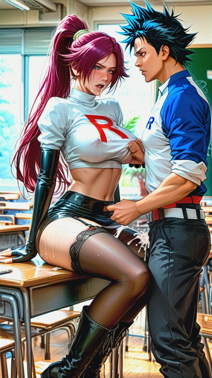 (curvy), black micro skirt, black tube top, white crop top, black boots, pantyhose, (medium_breasts), (covered_nipples), dark skin tone, @jessie team rocket teacher costume, garter belt, (panicking), @shihouin_yoruichi, classroom, (table_humping), hair pull doggystyle, cum on face, (sex), @ash_ketchum