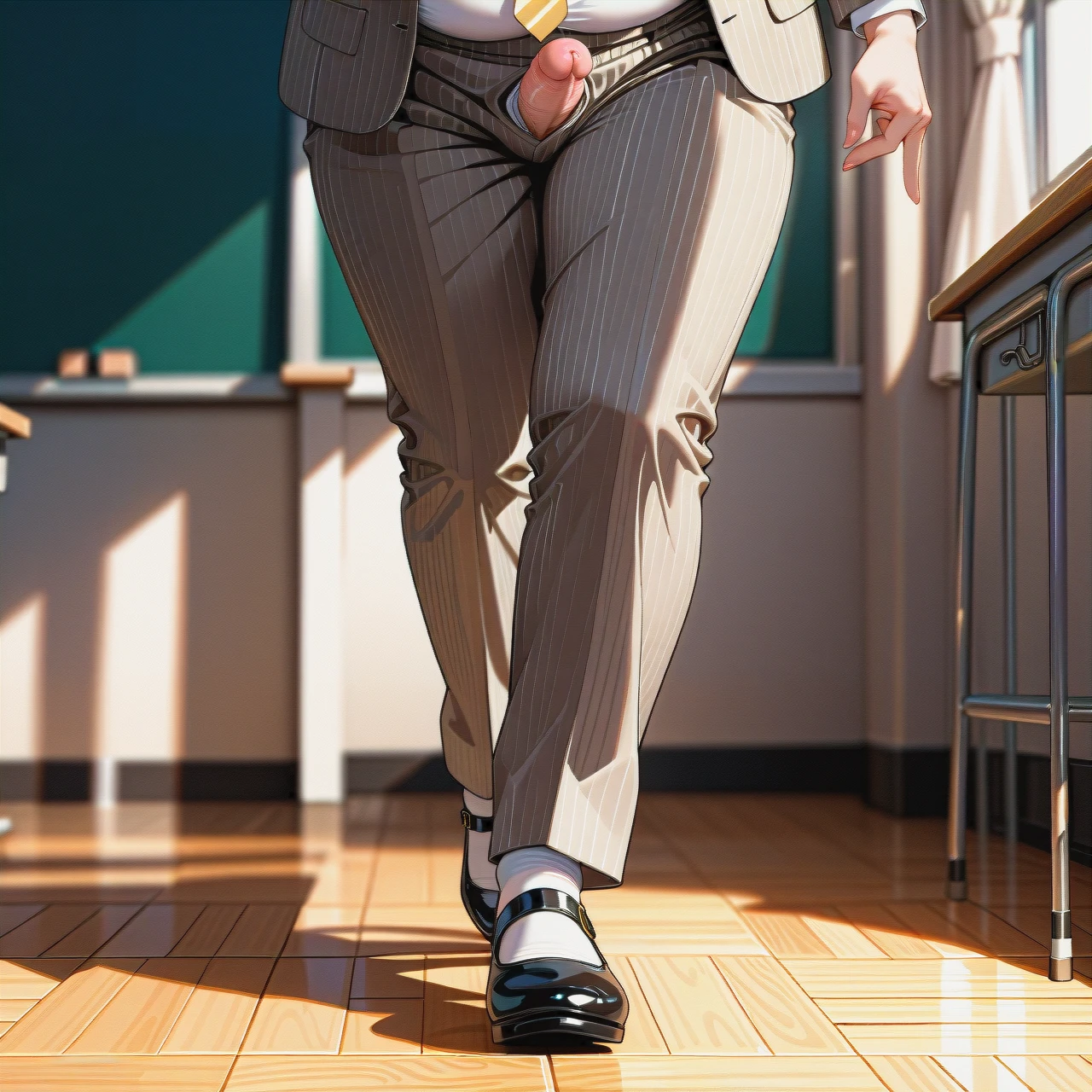 (fat), (full-package_futanari), (mature_female), (shy), (tongue_out), slicked hair in a bun, bangs, beige striped suit, white shirt, yellow tie, beige striped trousers, black patent Mary Janes, poking penis, walking, classroom