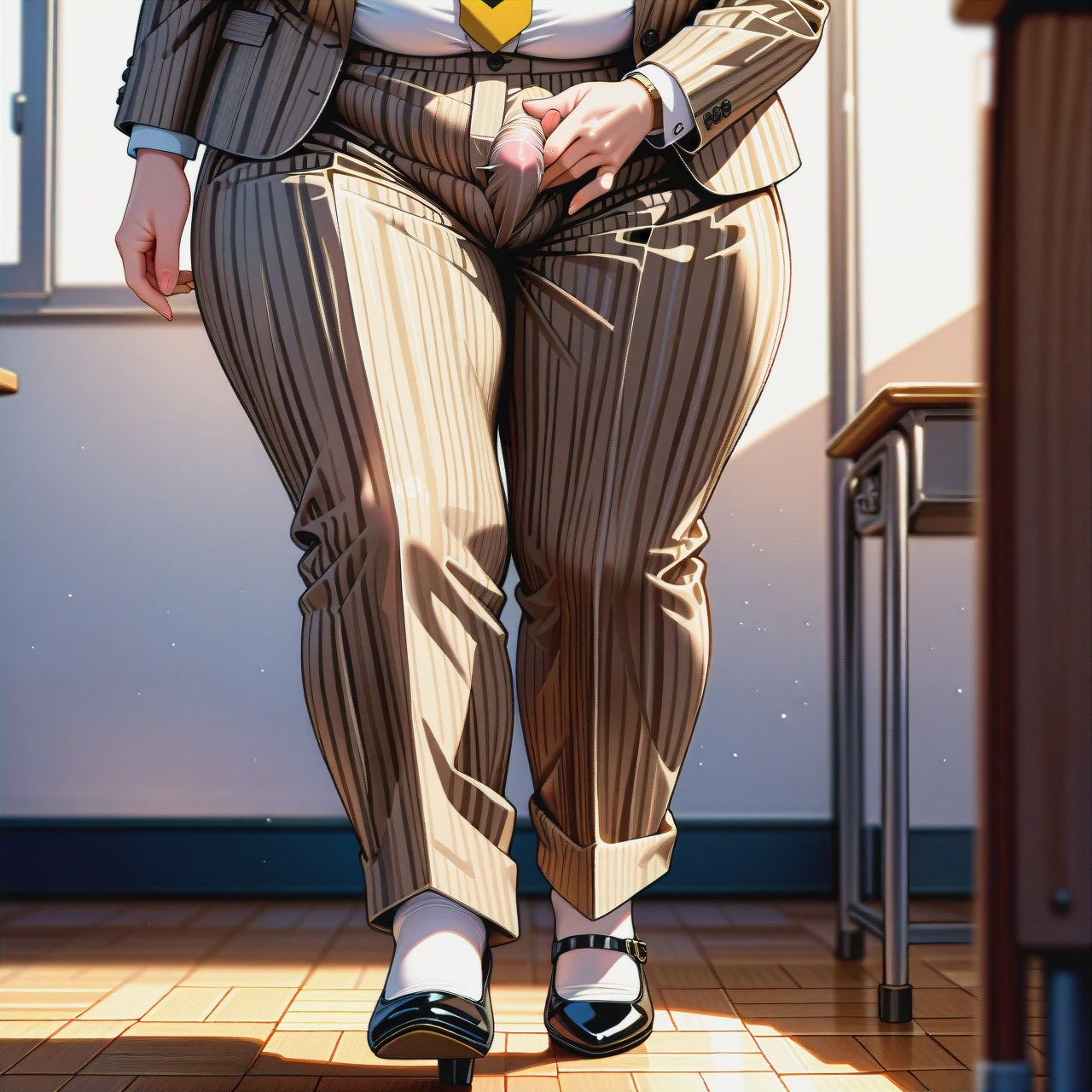 (fat), (full-package_futanari), (mature_female), (shy), (tongue_out), black slicked hair in a bun, bangs, beige striped suit, white shirt, yellow tie, beige striped trousers, black patent high heeled Mary Janes, poking penis, walking, classroom