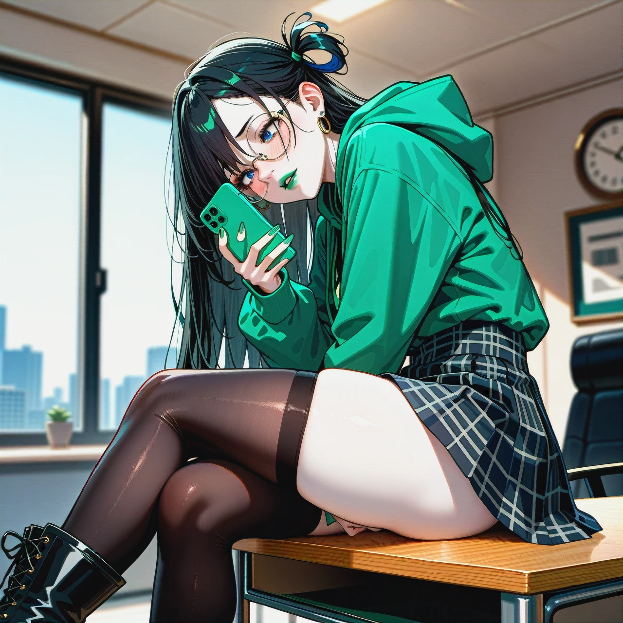 red and black checkered skirt,  knee-high socks,  dark black hair girl,dark black hair girl,dark black hair girl,extremly long hair, long hair, very long hair, hair long to the butt, steel frame glasses with large round lenses, , green oversized hoodie, pale skin, (solo), (lean body:1.3), wasp waist, (hair covering left eye), sit on table, black flat boots, office, blue eyes, blushing, horny, green lipstick, full lips, long green nails, ear rings, (female_masturbation), takes a selfie, uses phone,