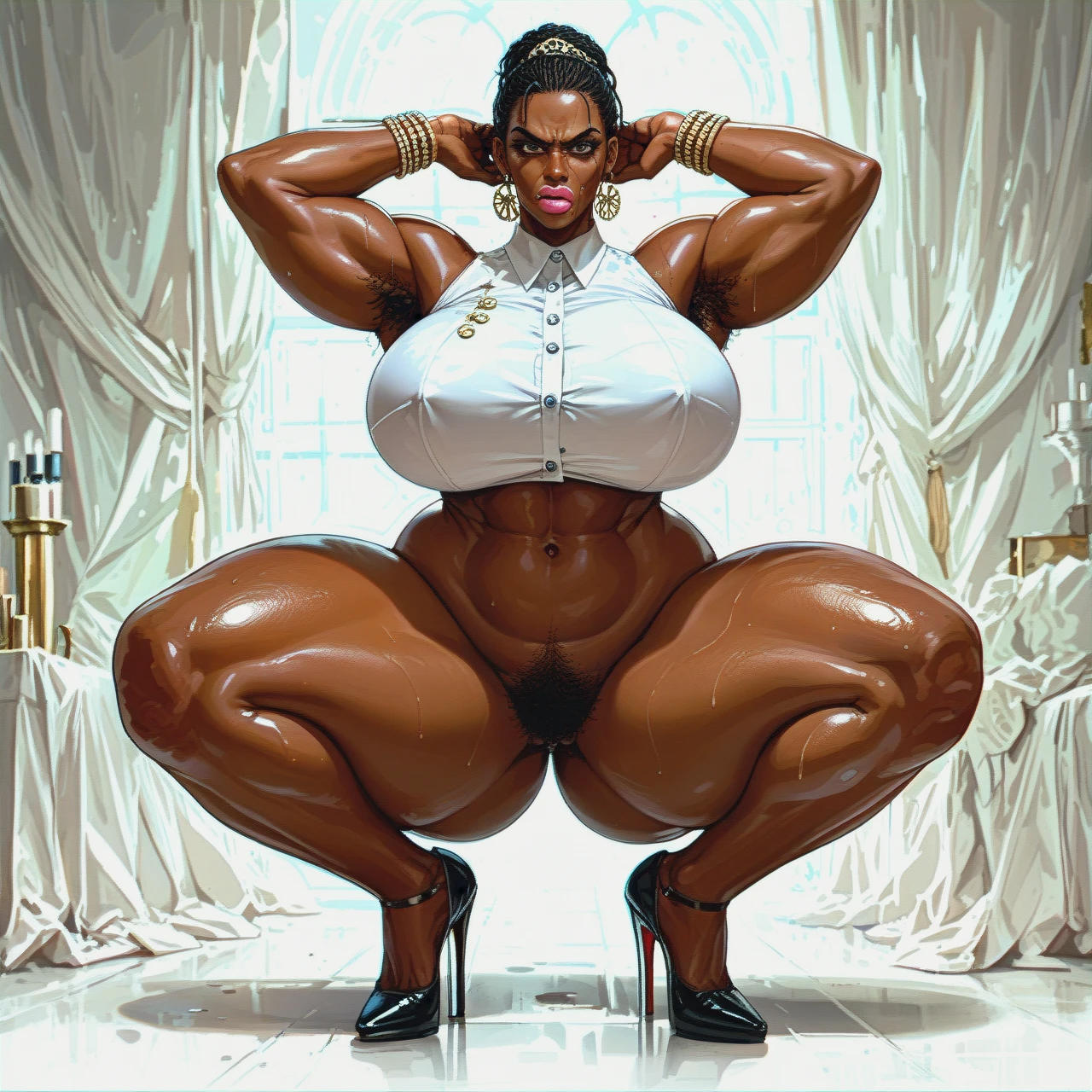 Full length, white room, solo, very african, very dark skin, mistress, angry, hyper gigantic boobs are bigger than the body, gigantic  ass are bigger than the body, very lot of armpit hair, gigantic lips, gigantic lipstick, very lot of pubic hair