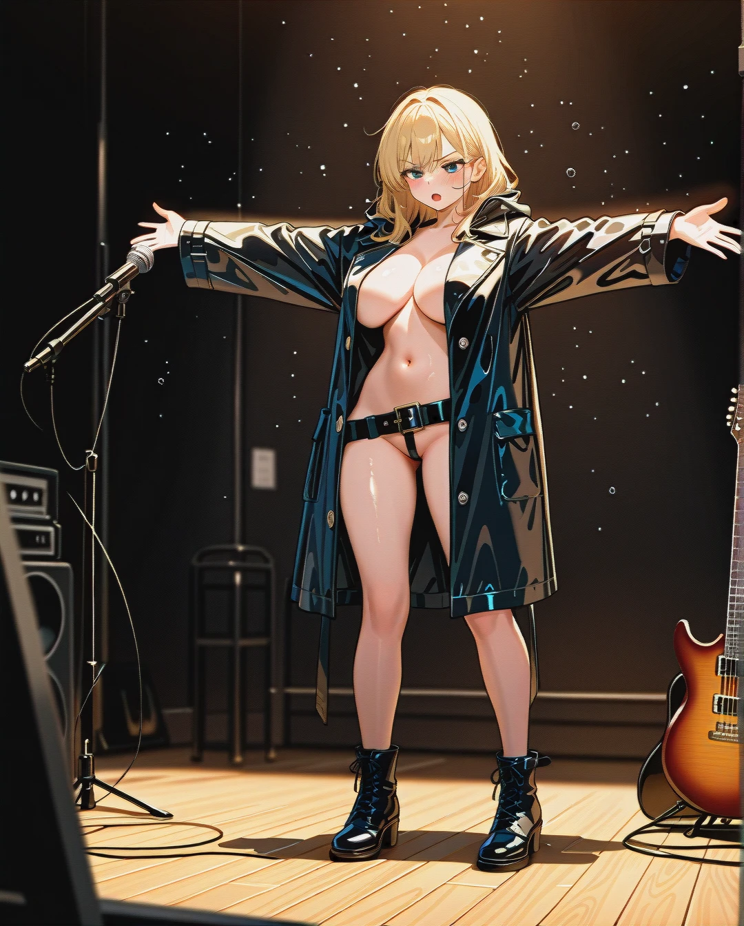 1 girl, very large breasts, shiny skin, belts on body, black long coat to the floor on naked body, raincoat unbuttoned, singing, metal coat, guitar on stand, serious face, blonde, arms spread, (outstretched_arms), (solo_focus), full height