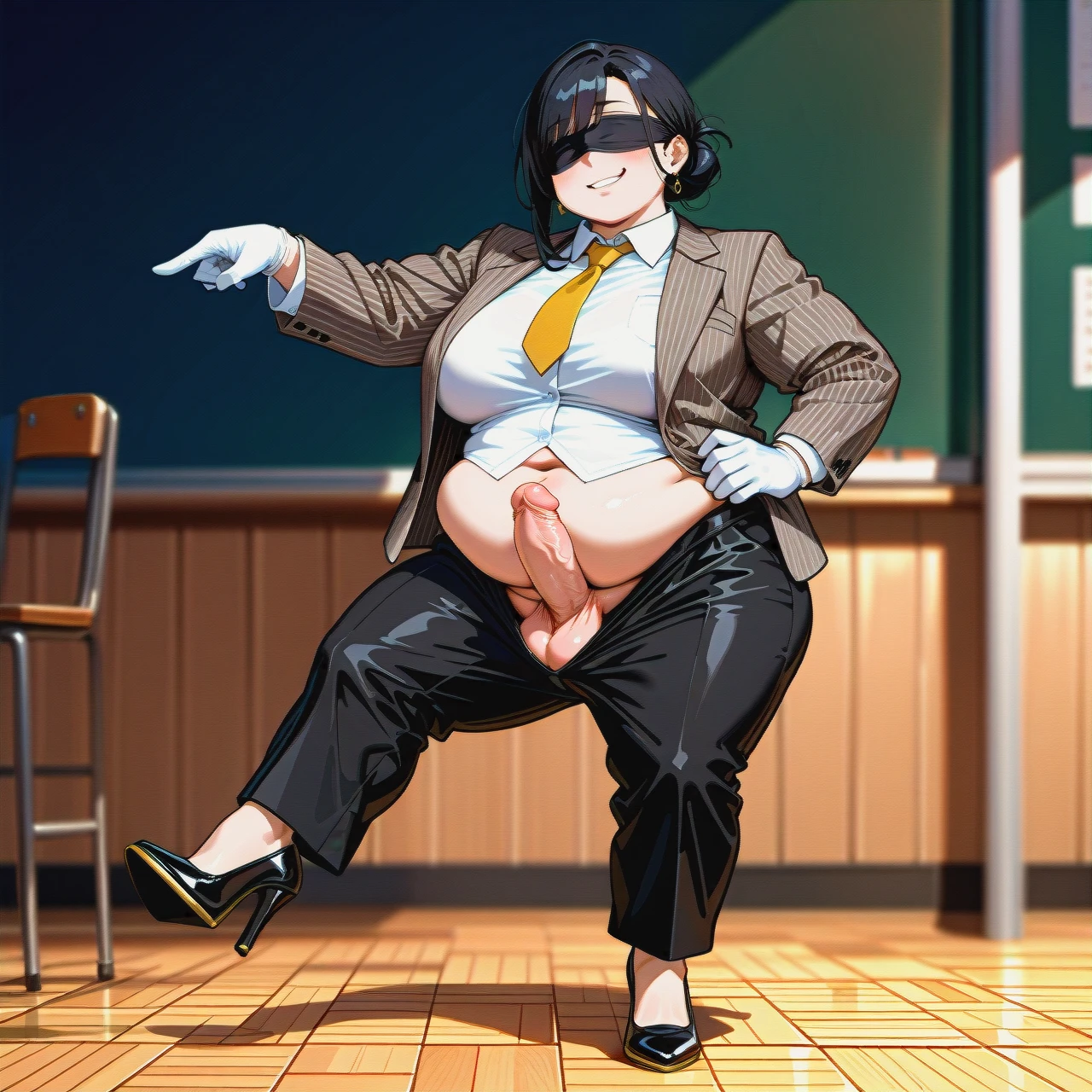 (fat), (full-package_futanari), (mature_female), black blindfold, smirk, black hair in a bun, bangs, beige striped suit, white shirt, yellow tie, beige ironed long wide trousers, black patent high heels, white gloves, poking penis, tap dancing, classroom