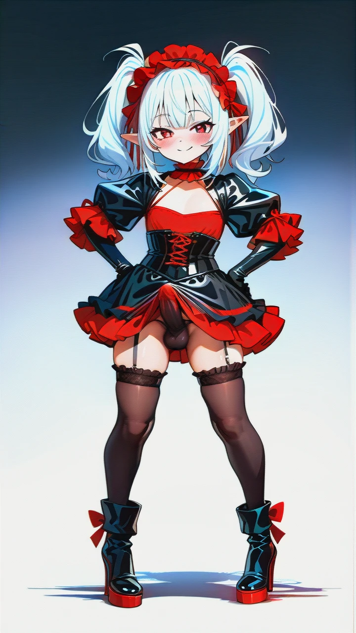 High_quality, (otoko_no_ko), (flat_chest), (frilled_thighhighs), garter_straps, pointy_ears, red_eyes, white_hair, red_dress, (red_and_black_dress), elbow_gloves, frilled_headband, puffed_sleeves, frilled_choker, (cleavage_cutout),  (long_twin_ponytails), (ankle_boots_with_heels), slim_legs, corset, (legs_apart), (smile), (blush), (hands_on_hips), (erection_under_skirt), penis_bulge,