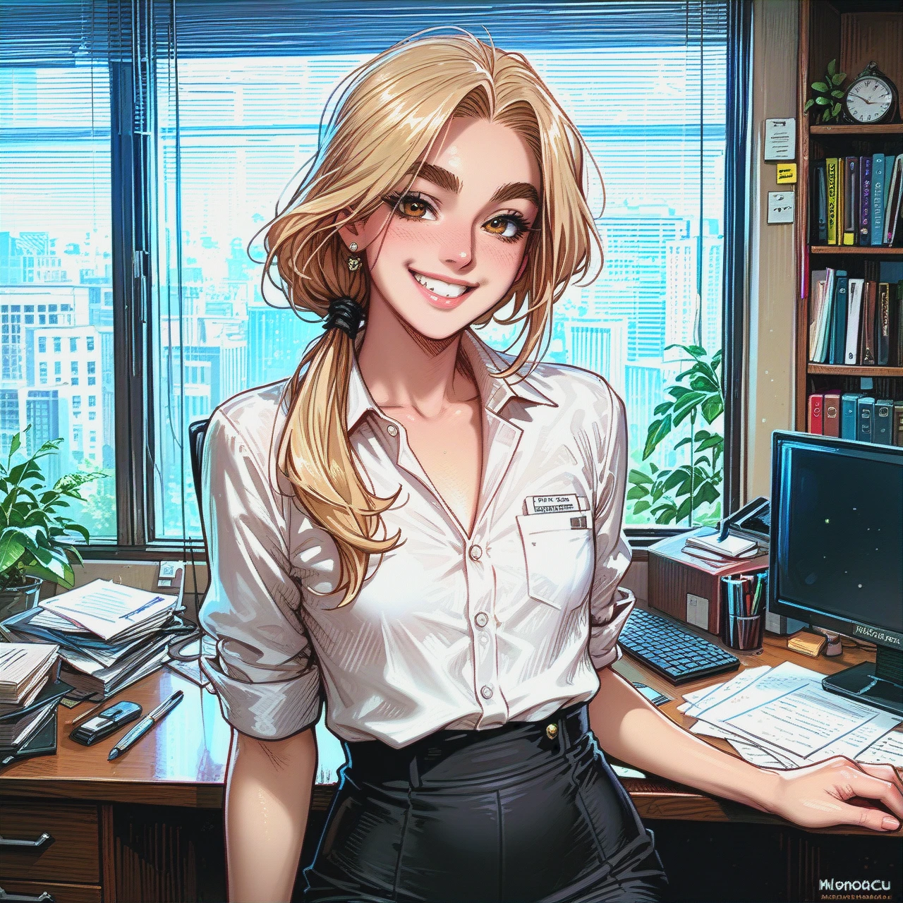 office, slim blonde, low ponytail, smile, thick eyebrows, (flat_chest) secretary outfit