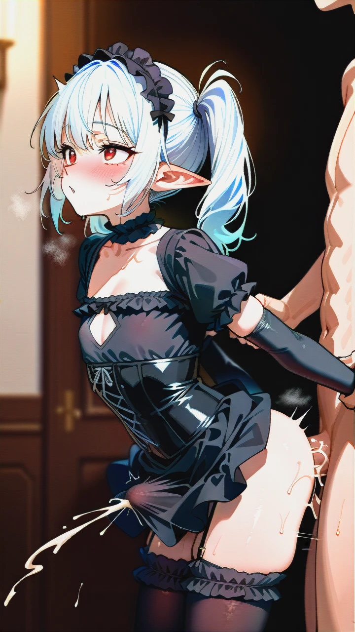 High_quality, (otoko_no_ko), (flat_chest), (frilled_thighhighs), garter_straps, pointy_ears, red_eyes, white_hair, (red_and_black_dress), elbow_gloves, frilled_headband, puffed_sleeves, frilled_choker, (cleavage_cutout),  (long_twin_ponytails), slim_legs, corset, (blush), (erection_under_skirt), (deep_penetration), (arm_held_back), (ejaculation), (sex_from_behind)