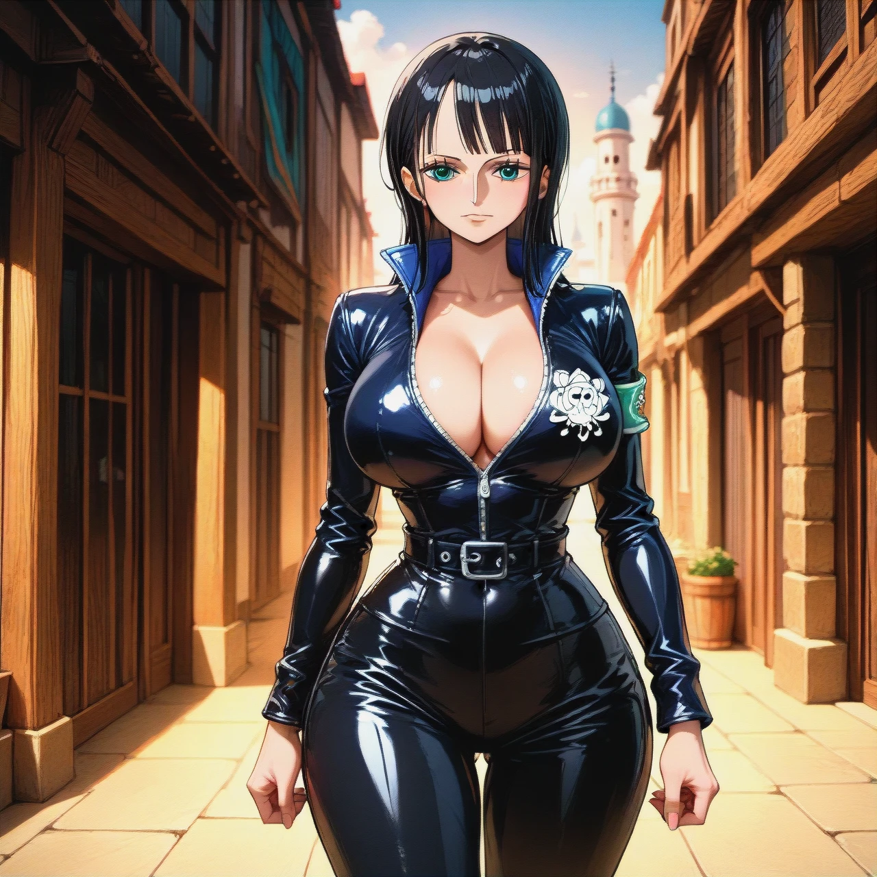 futuristic location, big breast, standing, @nico_robin , egghead outfit, one piece anime style, nico robin egghead arc