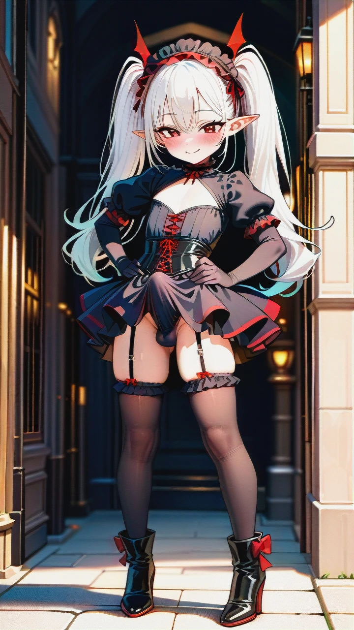 High_quality, (otoko_no_ko), (flat_chest), (frilled_thighhighs), garter_straps, pointy_ears, red_eyes, white_hair, (red_and_black_dress), elbow_gloves, frilled_headband, puffed_sleeves, frilled_choker, (cleavage_cutout),  (long_twin_ponytails), (ankle_boots_with_heels), slim_legs, corset, (legs_apart), (smile), (blush), (hands_on_hips), (erection_under_skirt), penis_bulge,