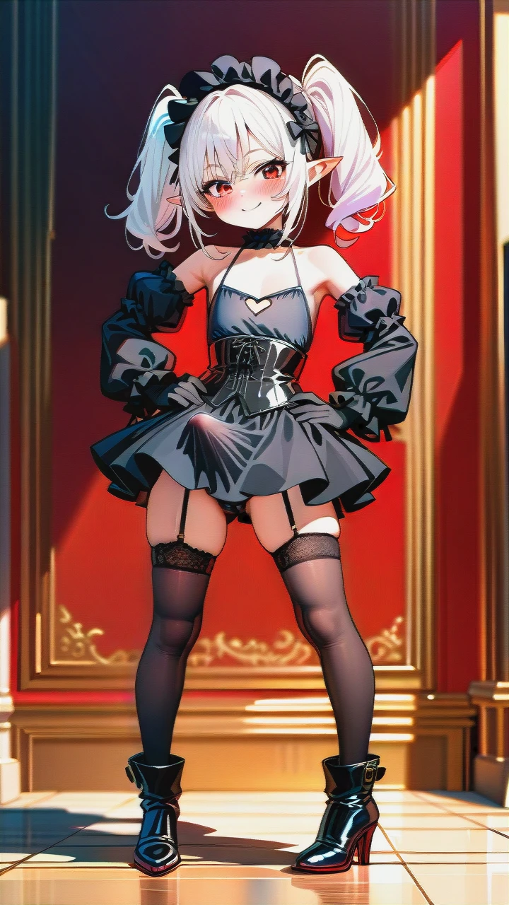 High_quality, (otoko_no_ko), (flat_chest), (frilled_thighhighs), garter_straps, pointy_ears, red_eyes, white_hair, (red_and_black_dress), elbow_gloves, frilled_headband, puffed_sleeves, frilled_choker, (cleavage_cutout),  (long_twin_ponytails), (ankle_boots_with_heels), slim_legs, corset, (legs_apart), (smile), (blush), (hands_on_hips), (erection_under_skirt), penis_bulge,