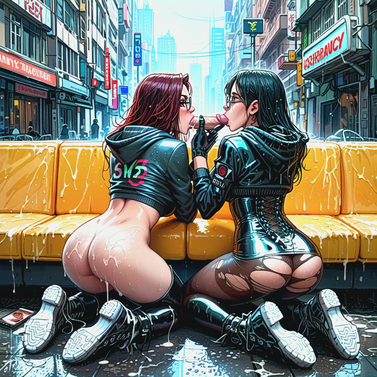 2girl, two girls Blowjob, double_handjob, cum_on legs, sexy_mole,skinny_legs,look_back,tight_tank top, hoodie,gloves,wet_bra,thigh_boots, sweatshirt,torn_pantyhose,black_gloves,latex_corset,knee_boots, glasses,brand_new,white_sneakers, New_York City, cyberpunk, phone_screen, ArielWaifu