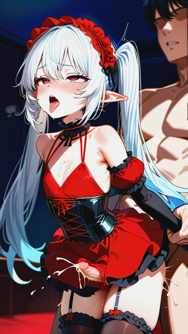 High_quality, (otoko_no_ko), (flat_chest), (frilled_thighhighs), garter_straps, pointy_ears, red_eyes, white_hair, red_dress, black_dress, elbow_gloves, frilled_headband, puffed_sleeves, frilled_choker, (cleavage_cutout),  (long_twin_ponytails), slim_legs, corset, (blush), (erection_under_skirt), (deep_penetration), (arm_held_back), (ejaculation), (sex_from_behind), (tongue_out)