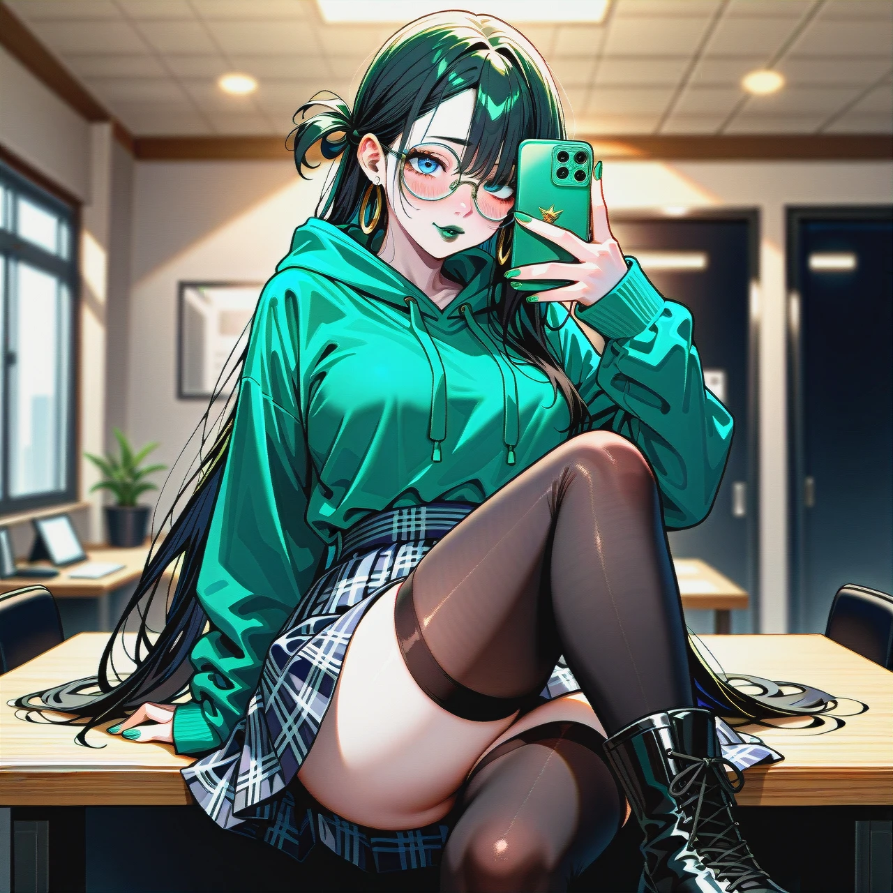 red and black checkered skirt,  knee-high socks,  dark black hair girl,dark black hair girl,dark black hair girl,extremly long hair, long hair, very long hair, hair long to the butt, steel frame glasses with large round lenses, , very dark green oversized hoodie, pale skin, (solo), (lean body:1.3), wasp waist, (hair covering left eye), sit on table, black flat boots, office, blue eyes, blushing, horny, very dark green lipstick, full lips, long green nails,  takes a selfie, uses phone, ear rings, (undressing),