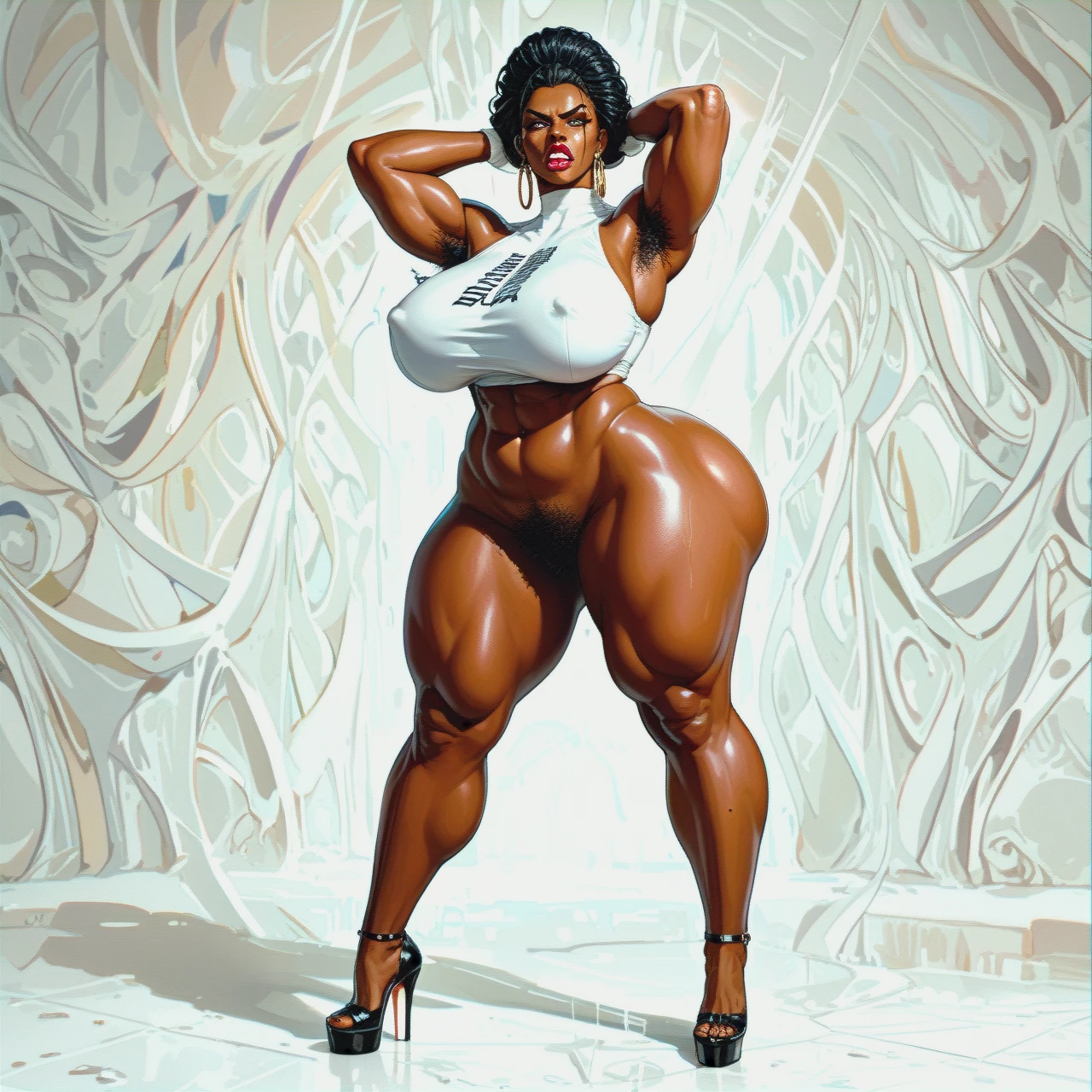 Full length, white room, solo, very african, very dark skin, very mistress, angry, very hyper gigantic boobs are bigger than the body, gigantic  ass are bigger than the body, very lot of armpit hair, gigantic lips, gigantic lipstick, very lot of pubic hair