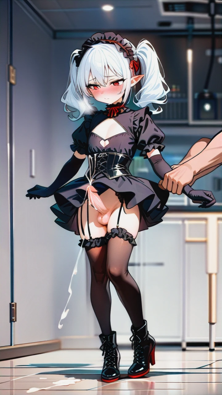 High_quality, (otoko_no_ko), (flat_chest), (frilled_thighhighs), garter_straps, pointy_ears, red_eyes, white_hair, (red_and_black_dress), elbow_gloves, frilled_headband, puffed_sleeves, frilled_choker, (cleavage_cutout),  (long_twin_ponytails), (ankle_boots_with_heels), slim_legs, corset, (blush), (erection_under_skirt), (anal), (arm_held_back), (ejaculation),