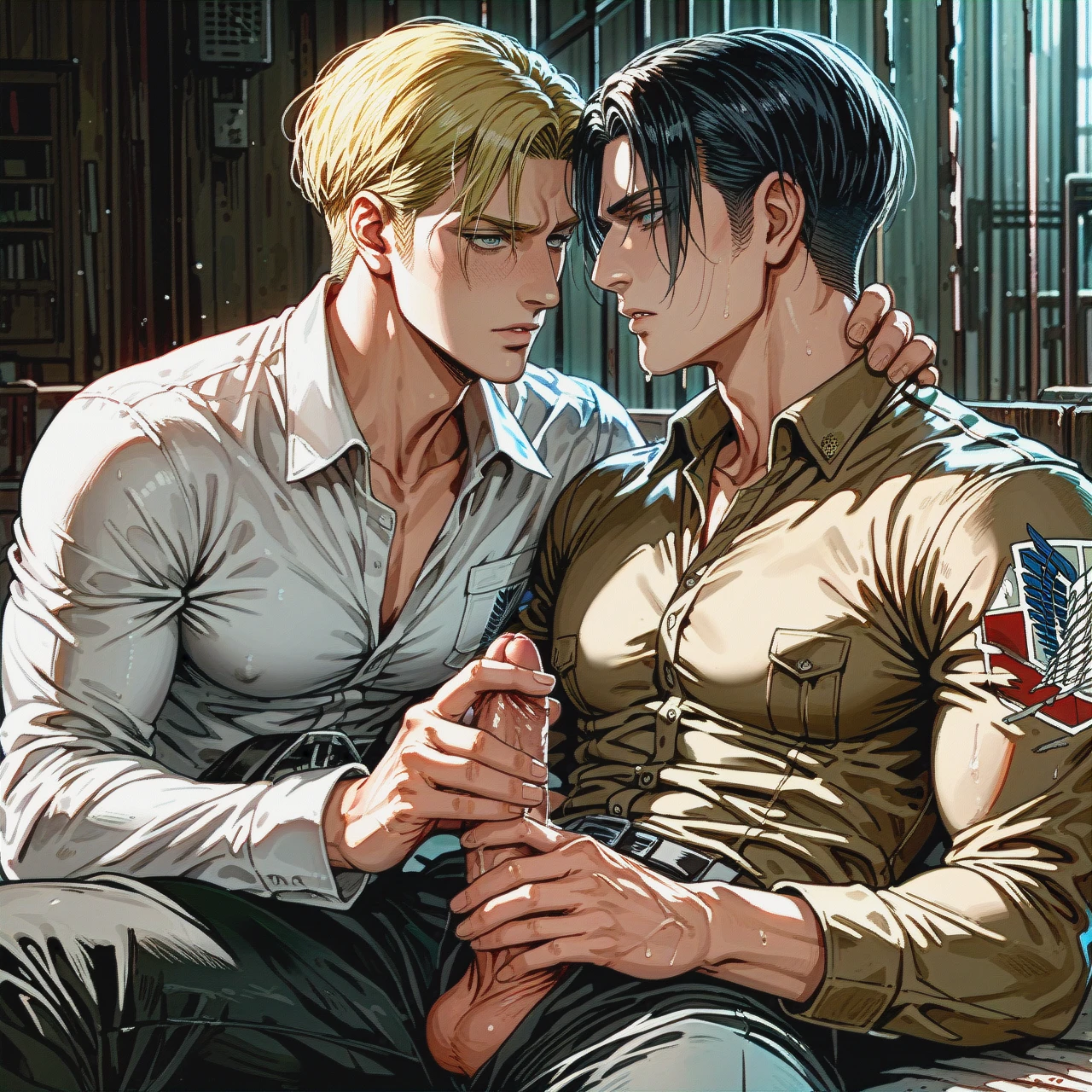 Two men, blonde @erwin_smith and @levi (handjob), yaoi, gay, dick,