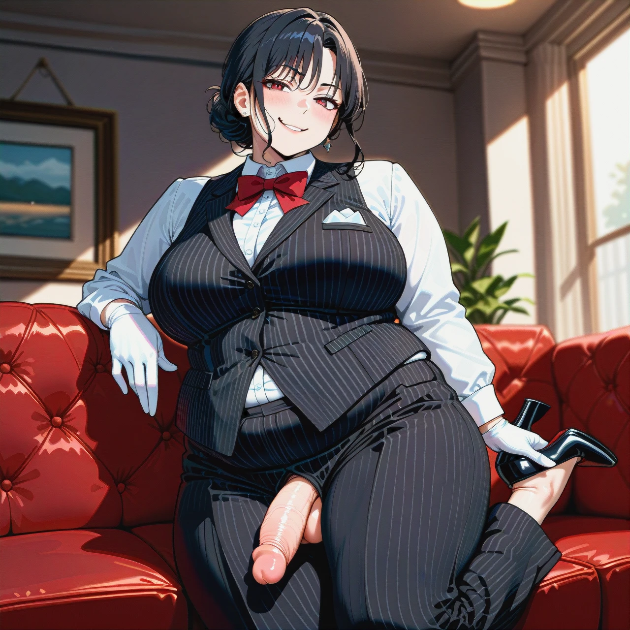 (fat), (full-package_futanari), (mature_female), (smirk), hair in a bun, bangs, black striped buttoned-up waistcoat, white long sleeve shirt, red bowtie, black striped ironed long wide trousers, black patent high heels, white gloves, poking penis, (glomp), living room