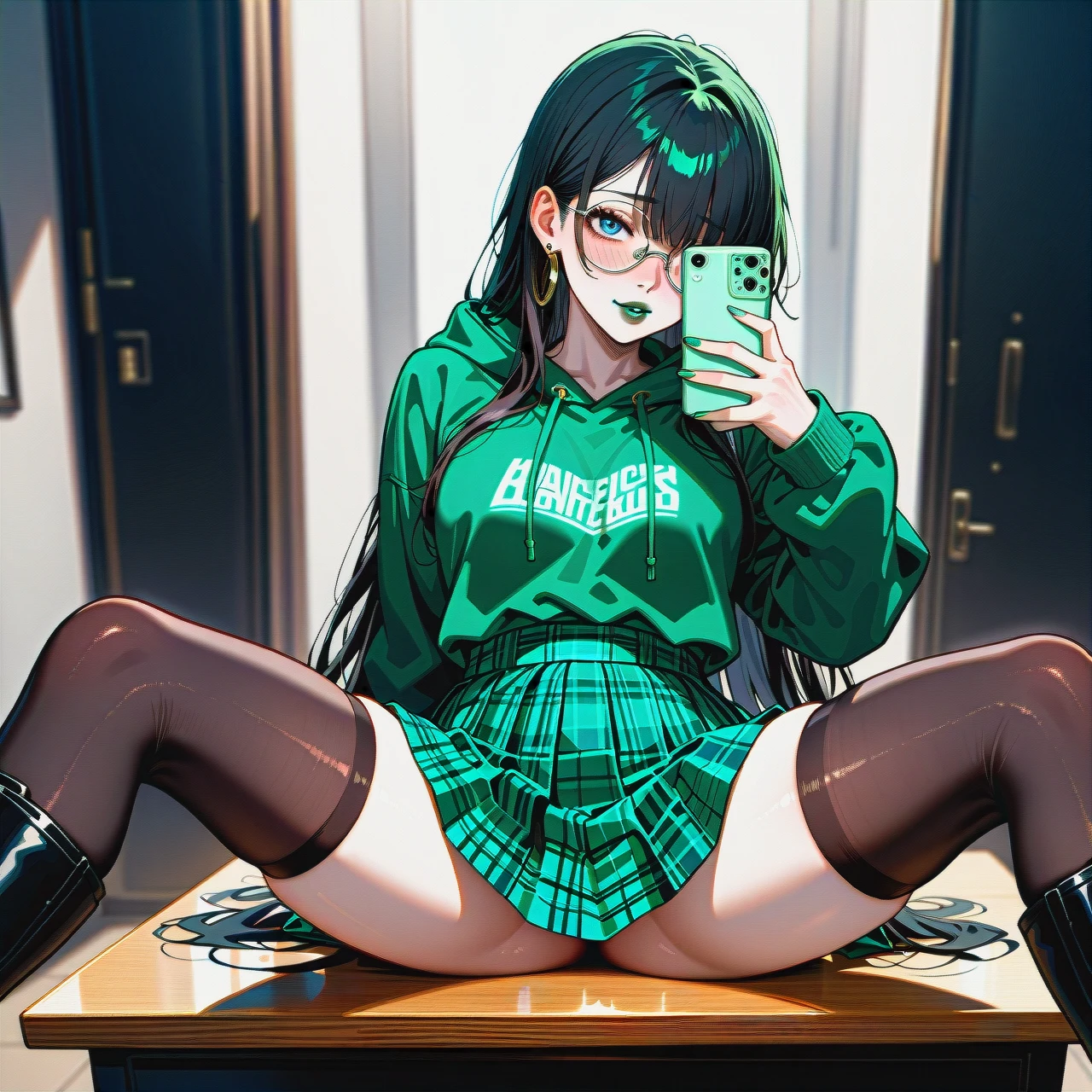 red and black checkered skirt,  knee-high socks,  dark black hair girl,dark black hair girl,dark black hair girl,extremly long hair, long hair, very long hair, hair long to the butt, steel frame glasses with large round lenses, , very dark green oversized hoodie, pale skin, (solo), (lean body:1.3), wasp waist, (hair covering left eye), sit on table, black flat boots, office, blue eyes, blushing, horny, very dark green lipstick, full lips, long green nails,  takes a selfie, uses phone, ear rings, (spread_legs),