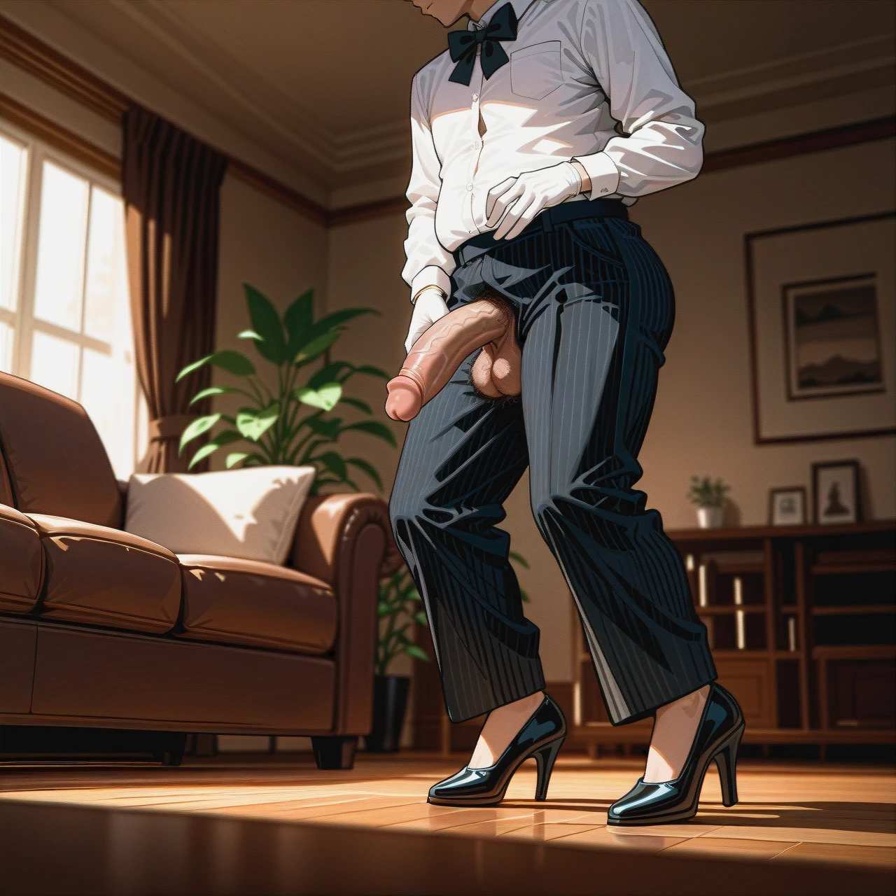 (futanari) (fat) (reverse_trap) white long sleeve shirt, bowtie, black striped belted ironed long wide trousers, white gloves, black high heels, living room, pokes penis, brown penis, hairy balls, tap dancing, wrinkled penis, phymosis