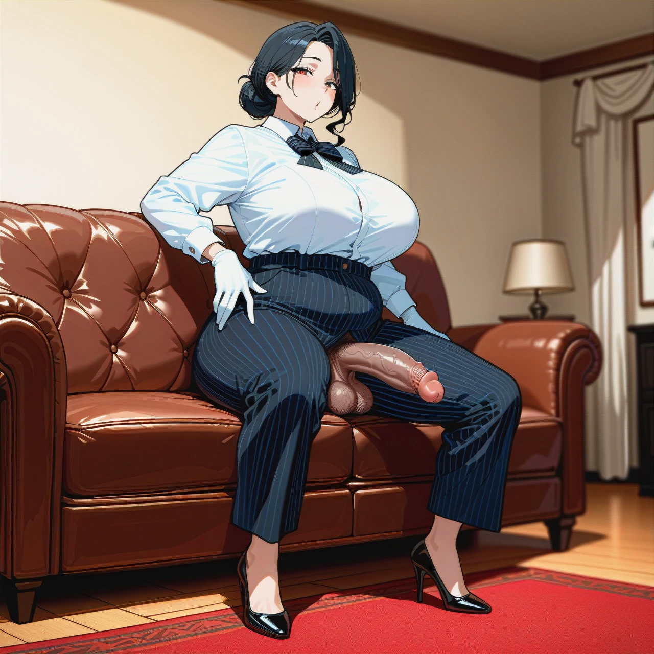 (futanari) (fat) (mature_female) white long sleeve shirt, bowtie, black striped ironed long wide trousers, white gloves, black high heels, living room, black hair in a bun, pokes penis, brown penis, hairy balls, tap dancing