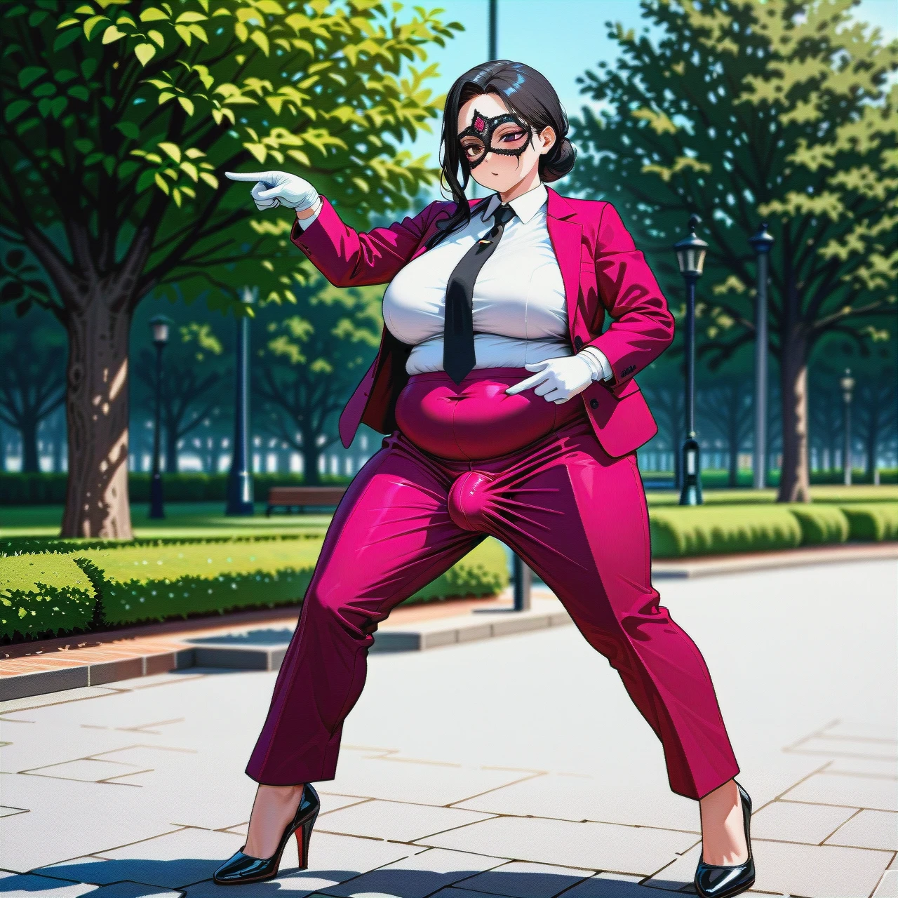 (fat), (full-package_futanari), (mature_female), rhinestone mask, black hair in a bun, bangs, dark pink suit, white shirt, black tie, dark pink ironed long wide trousers, black patent high heels, white gloves, poking penis, tap dance, park