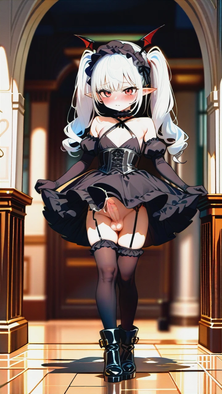 High_quality, (otoko_no_ko), (flat_chest), (frilled_thighhighs), garter_straps, pointy_ears, red_eyes, white_hair, (red_and_black_dress), elbow_gloves, frilled_headband, puffed_sleeves, frilled_choker, (cleavage_cutout),  (long_twin_ponytails), (ankle_boots_with_heels), slim_legs, corset, (blush), (erection_under_skirt), (deep_penetration), (arm_held_back), (ejaculation),