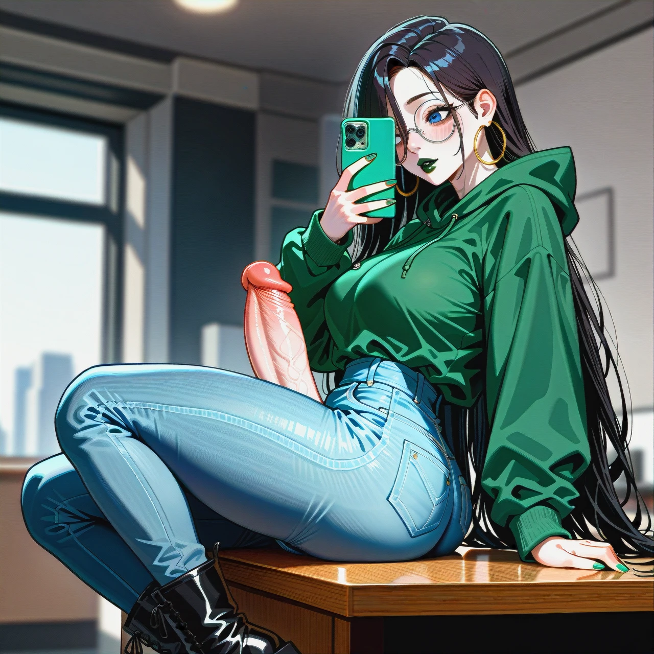 jeans with cuffs dropped to the knees, dark black hair futanari,dark black hair futanari,dark black hair futanari,dark black hair futanari,dark black hair futanari, extremly long hair, long hair, very long hair, hair long to the butt, steel frame glasses with large round lenses, , very dark green oversized hoodie, (side boobs), pale skin, (futanari), (solo), (lean body:1.3), wasp waist, (hair covering left eye), (exposed cocks:1.2), erected cock, sit on table, black flat boots, office, blue eyes, blushing, horny, very dark green lipstick, full lips, long green nails,  takes a selfie, uses phone, ear rings, anal probe,