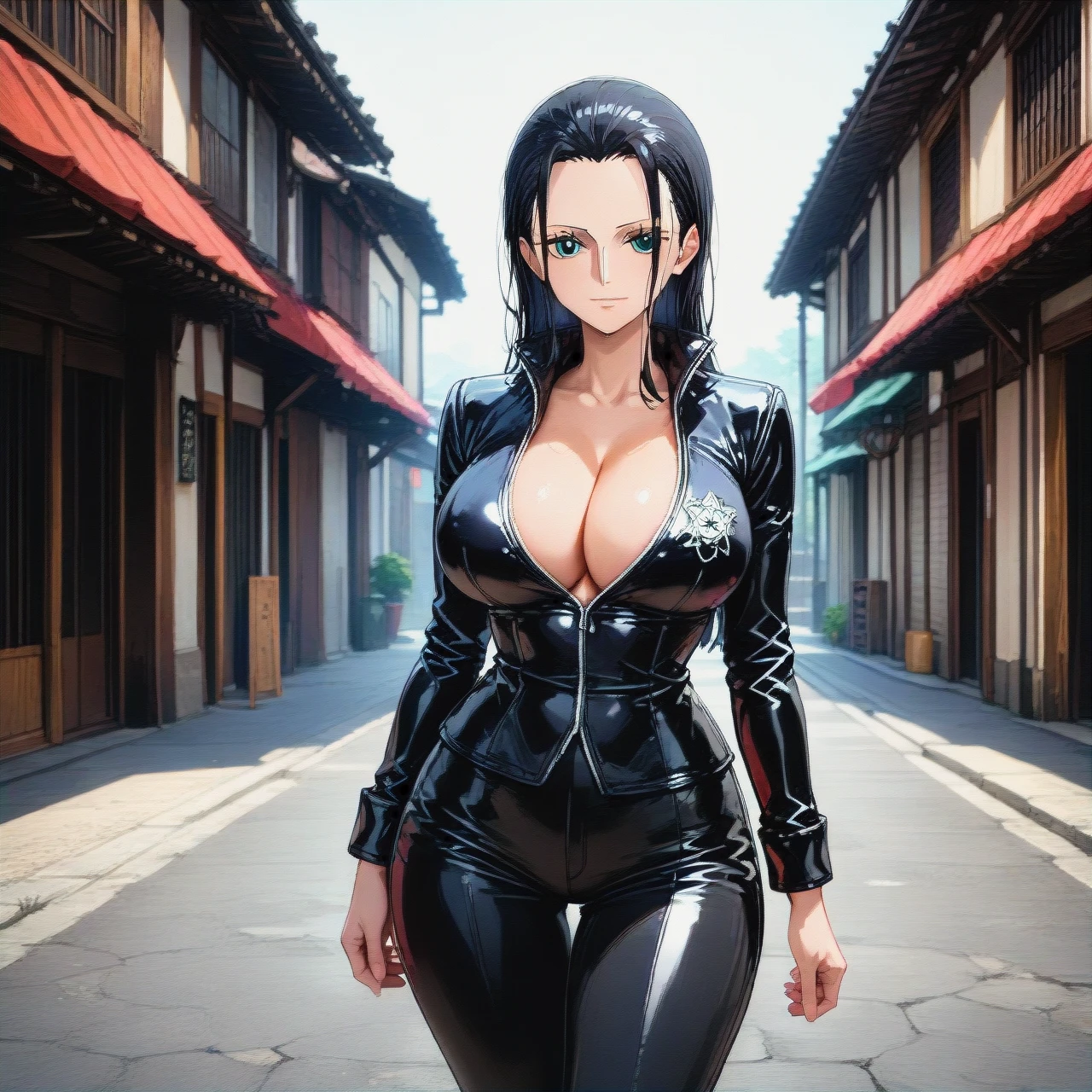 futuristic location, big breast, standing, @nico_robin , egghead outfit, black jacket