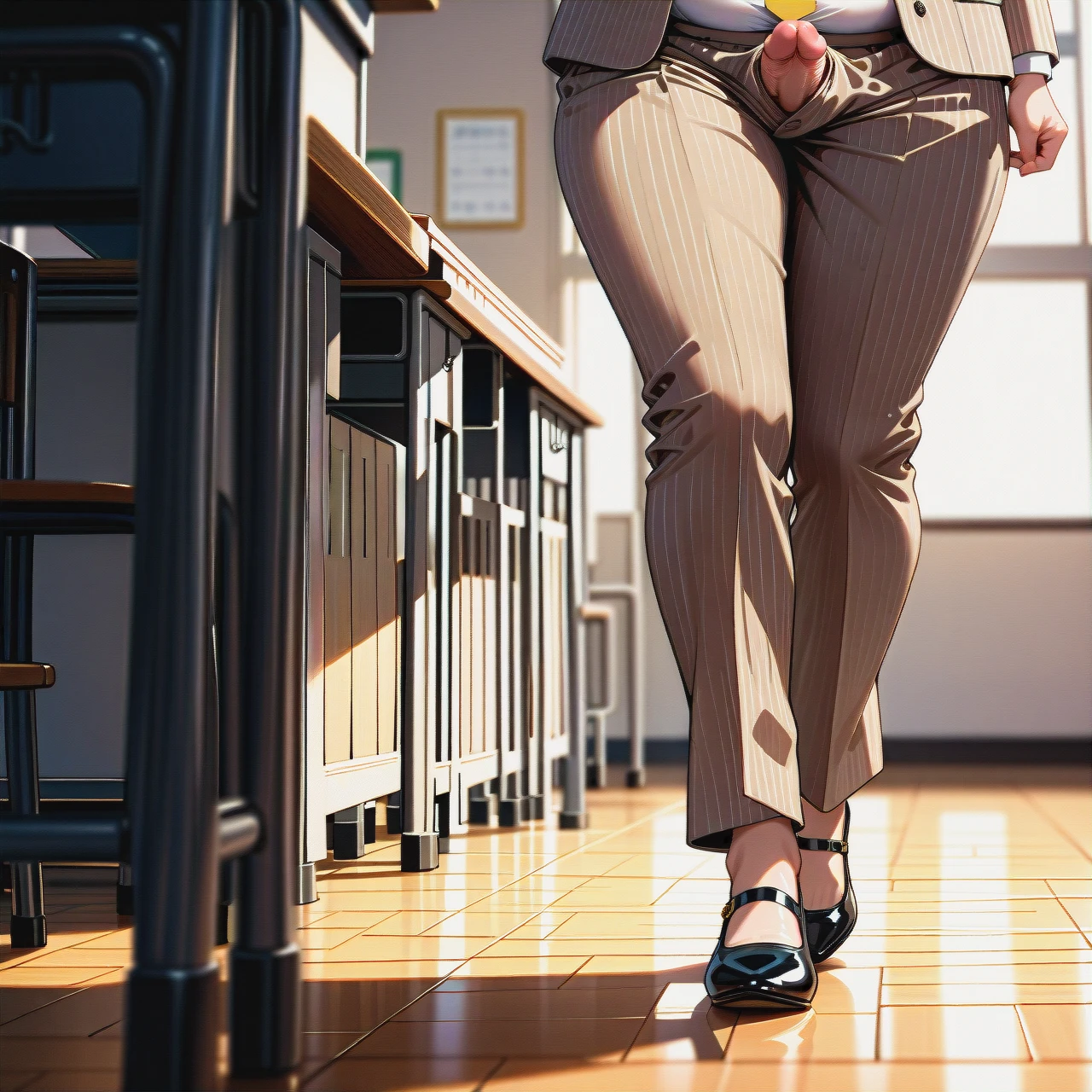 (fat), (full-package_futanari), (mature_female), (shy), (tongue_out), black slicked hair in a bun, bangs, beige striped suit, white shirt, yellow tie, beige striped trousers, black patent high heel Mary Janes, poking penis, walking, classroom